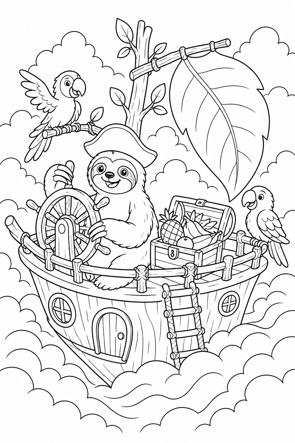 Bicho-preguiça pirata em um navio voador para colorir