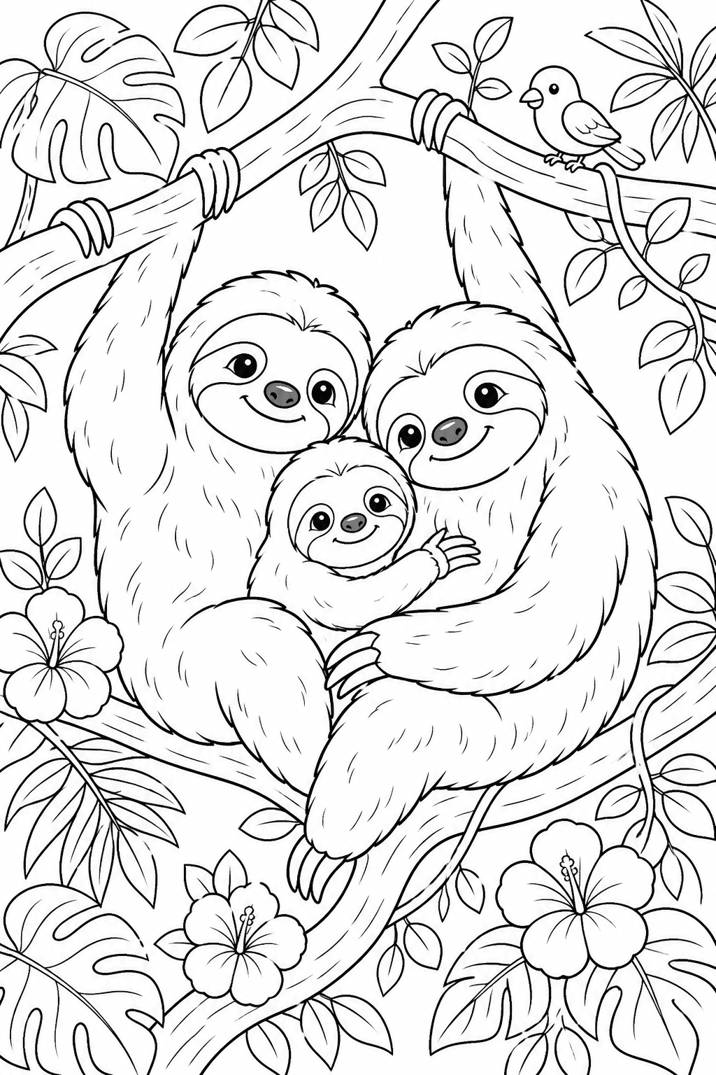 Família de bichos-preguiça com filhote para colorir
