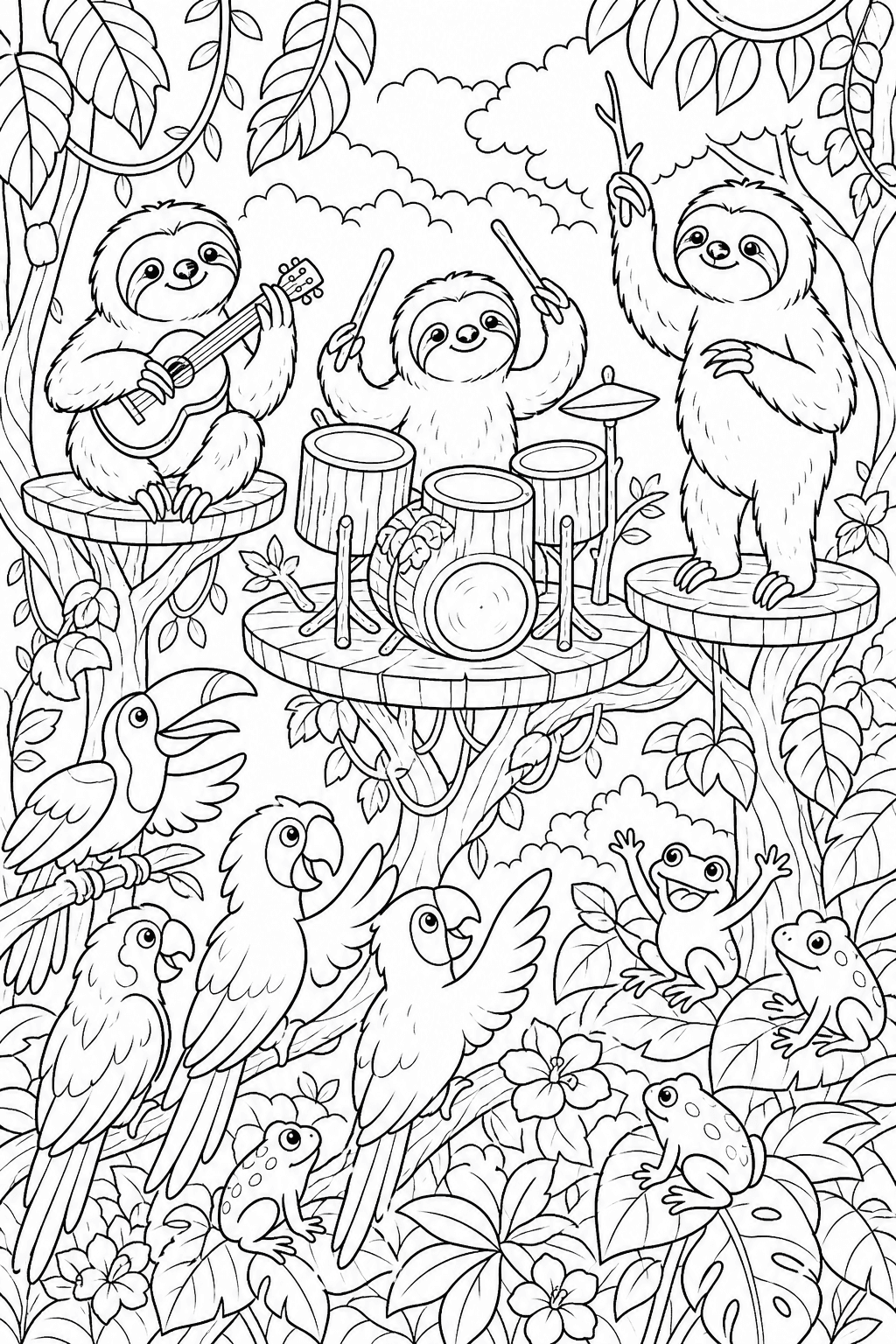 Orquestra de bichos-preguiça tocando na floresta para colorir