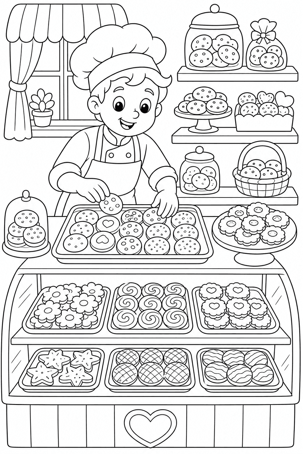 Padeira organizando biscoitos na padaria para colorir