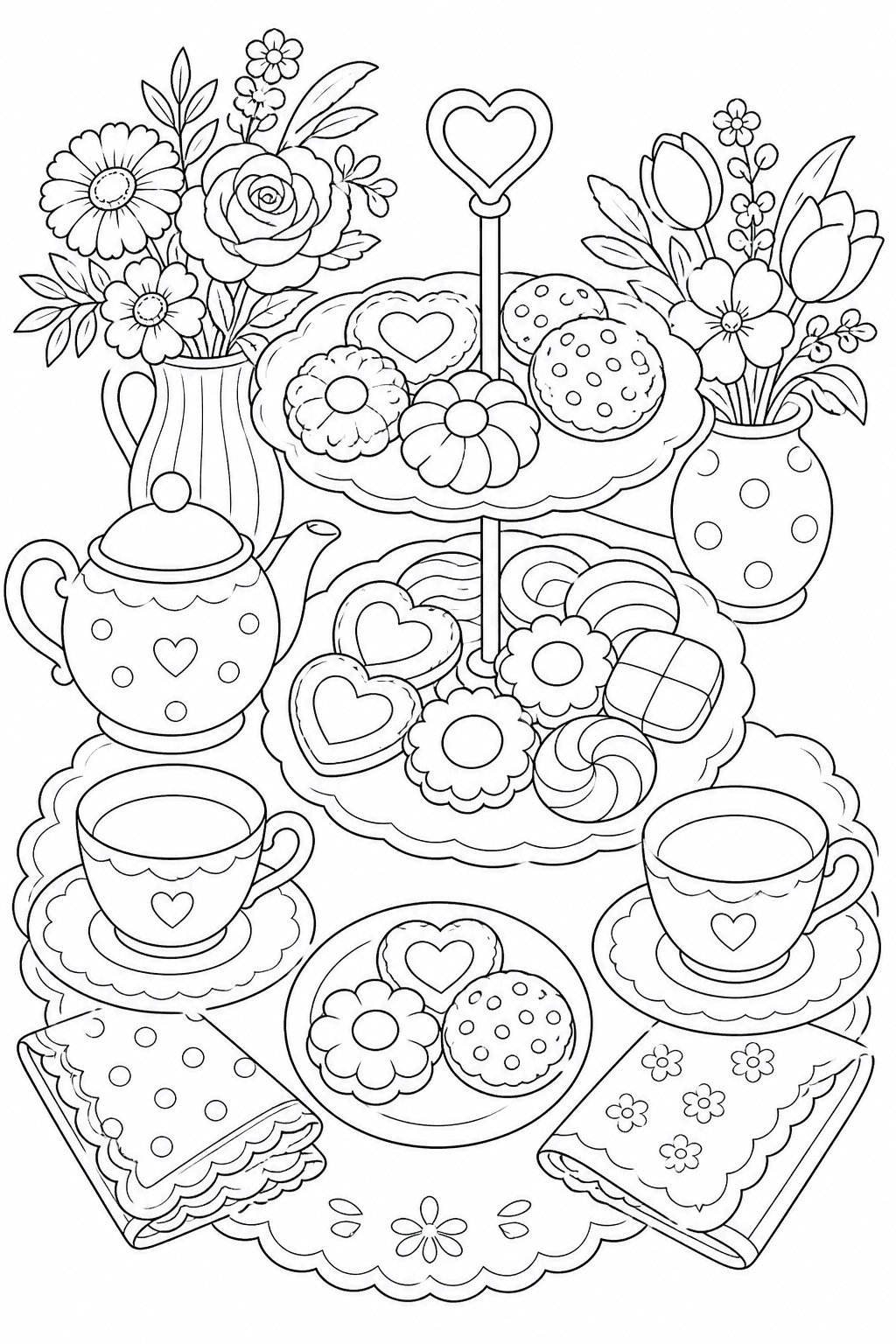 Mesa de chá da tarde com biscoitos para colorir