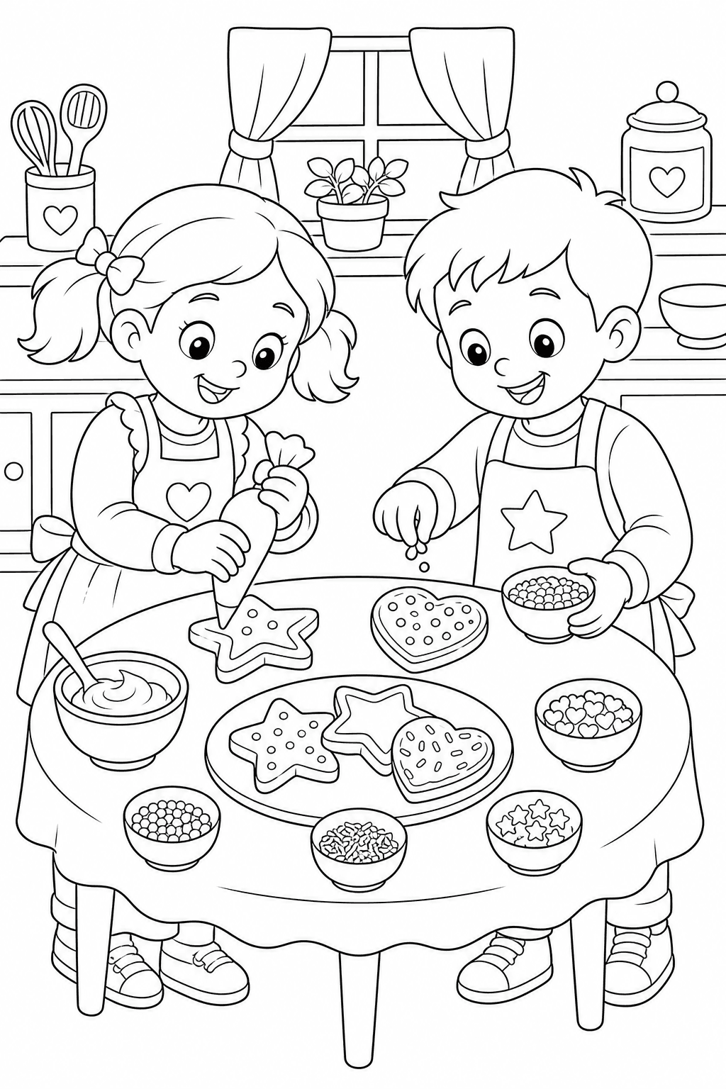 Crianças decorando biscoitos na cozinha para colorir