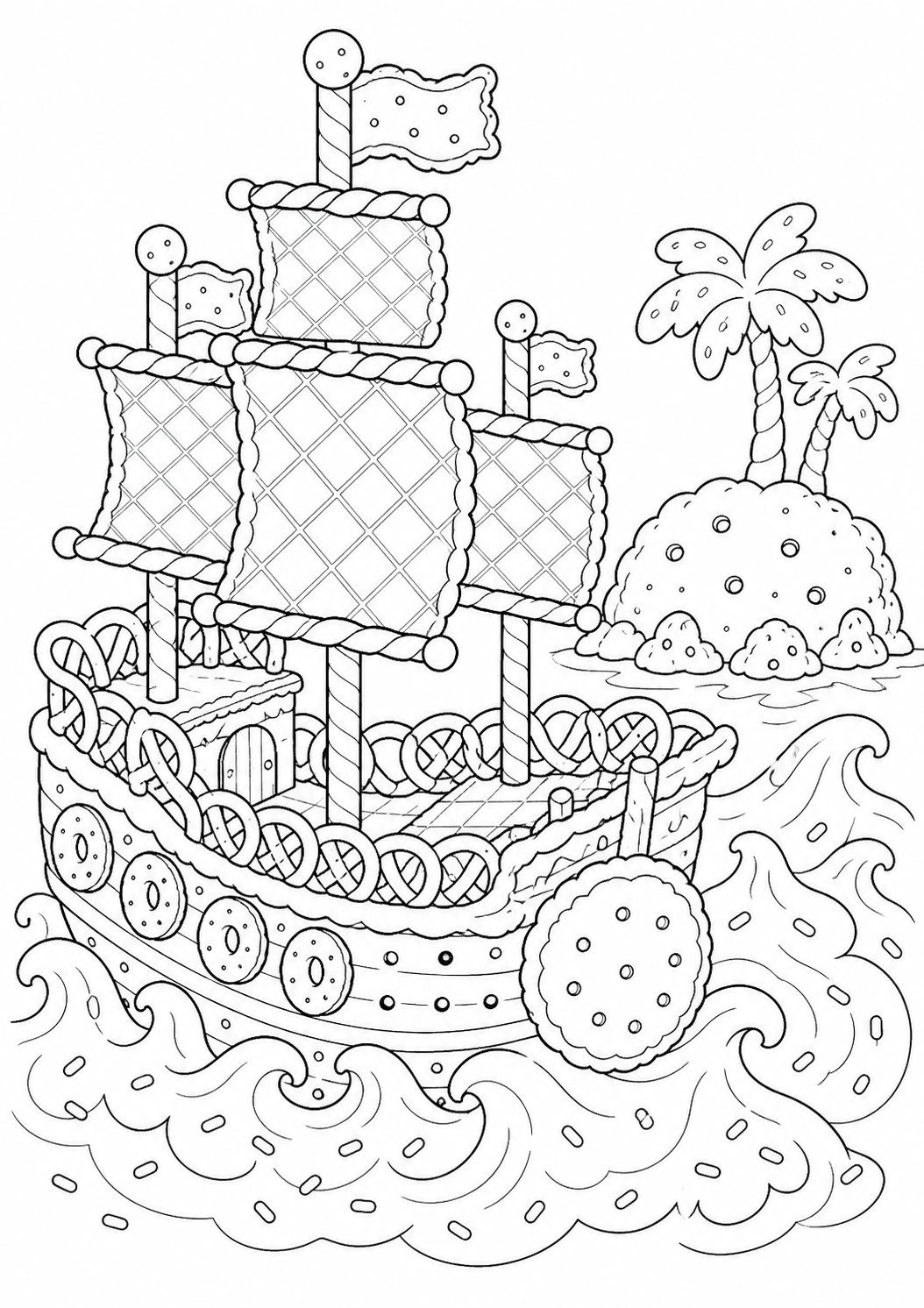 Navio pirata de biscoito navegando para colorir