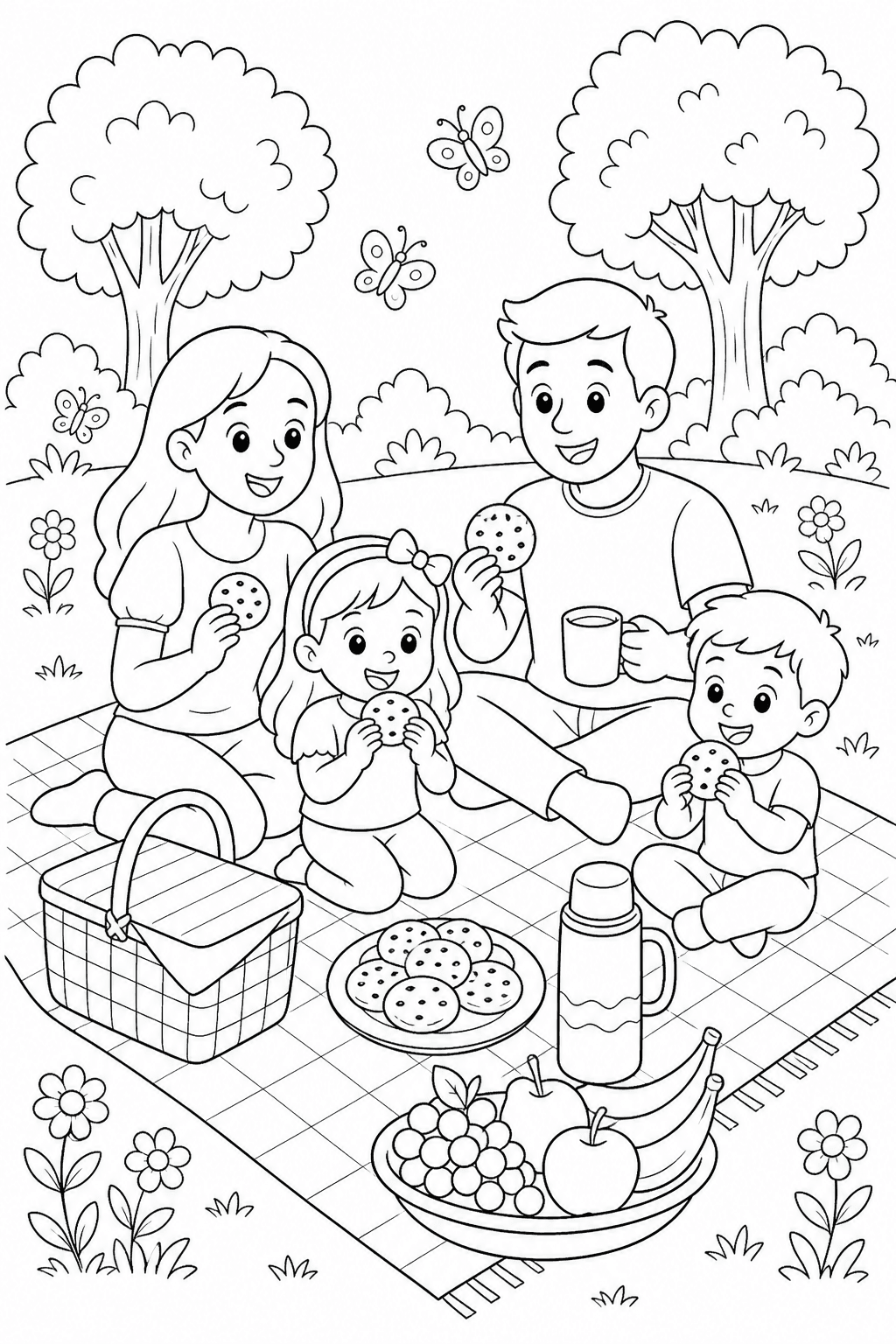Família em piquenique com biscoitos para colorir