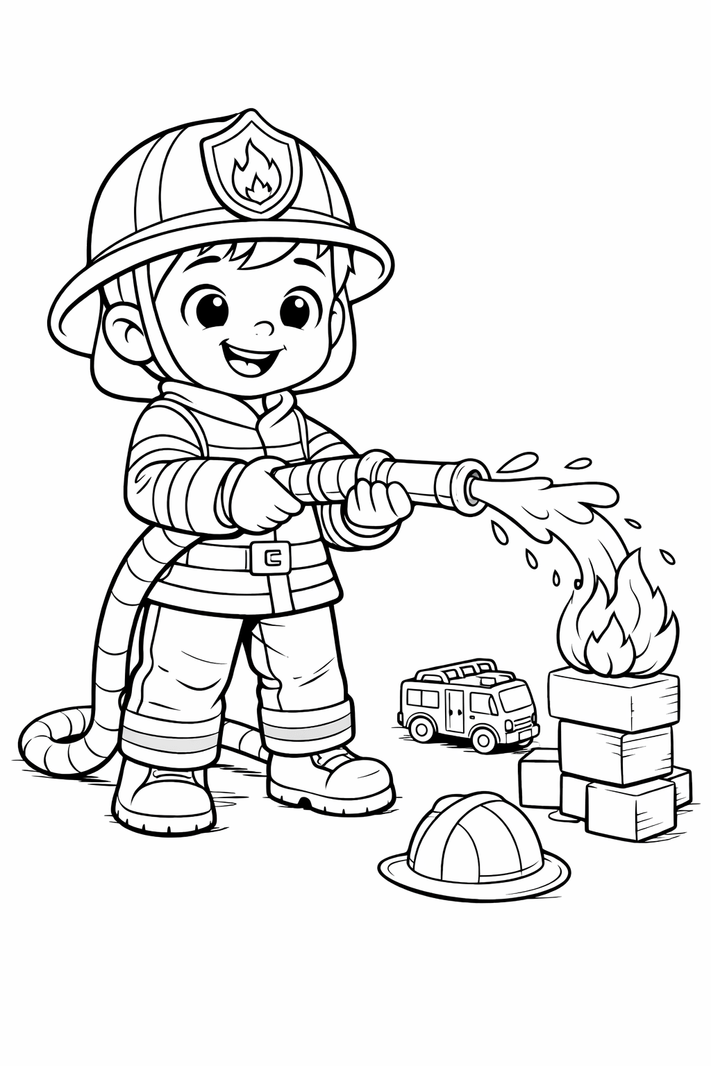 Bombeirinho apagando incêndio para colorir