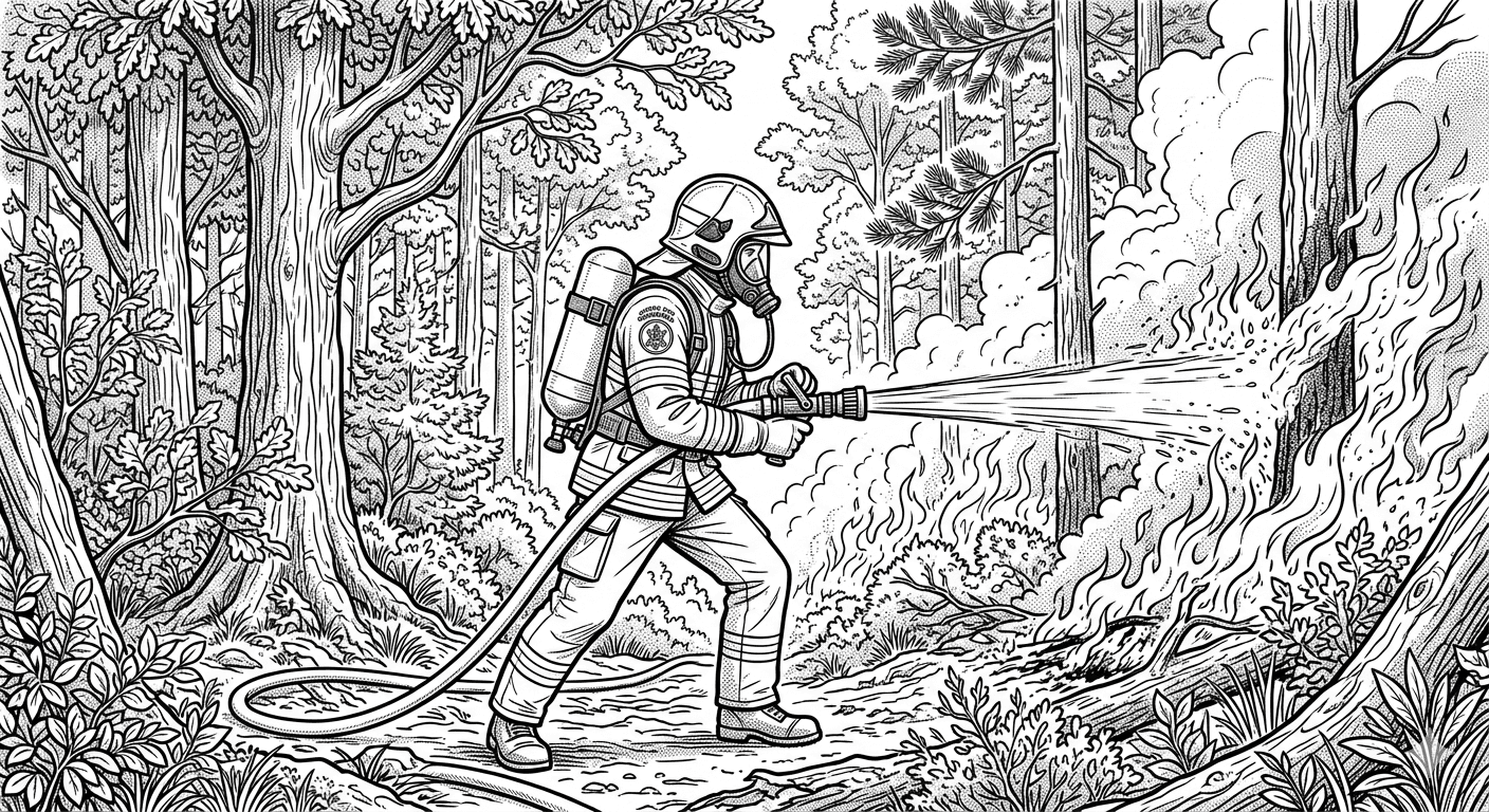 Bombeiro apagando fogo na floresta para colorir