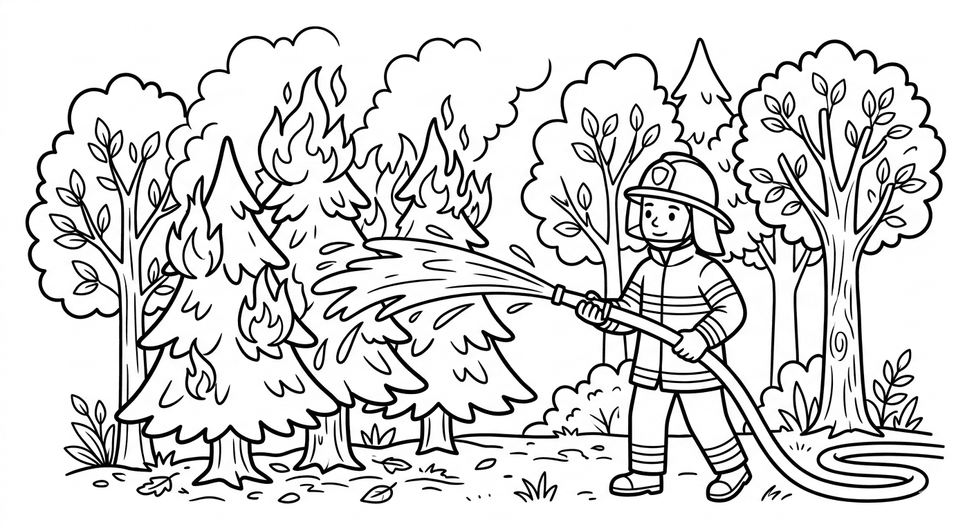 Bombeiro na floresta para colorir