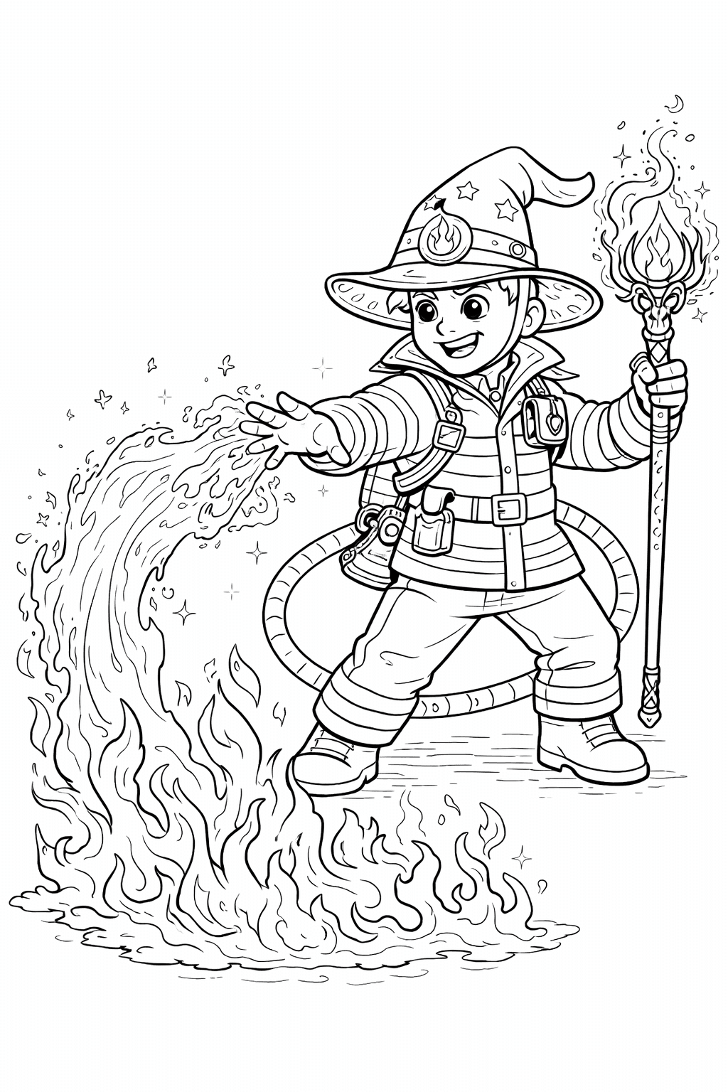 Bombeiro mágico apagando incêndio para colorir