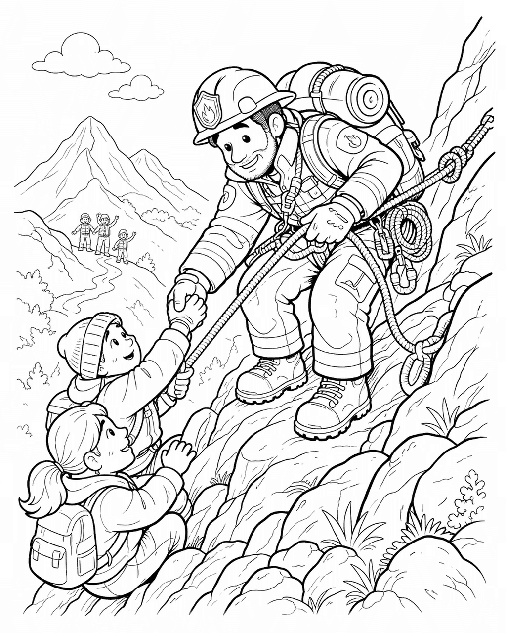 Bombeiro em resgate na montanha para colorir