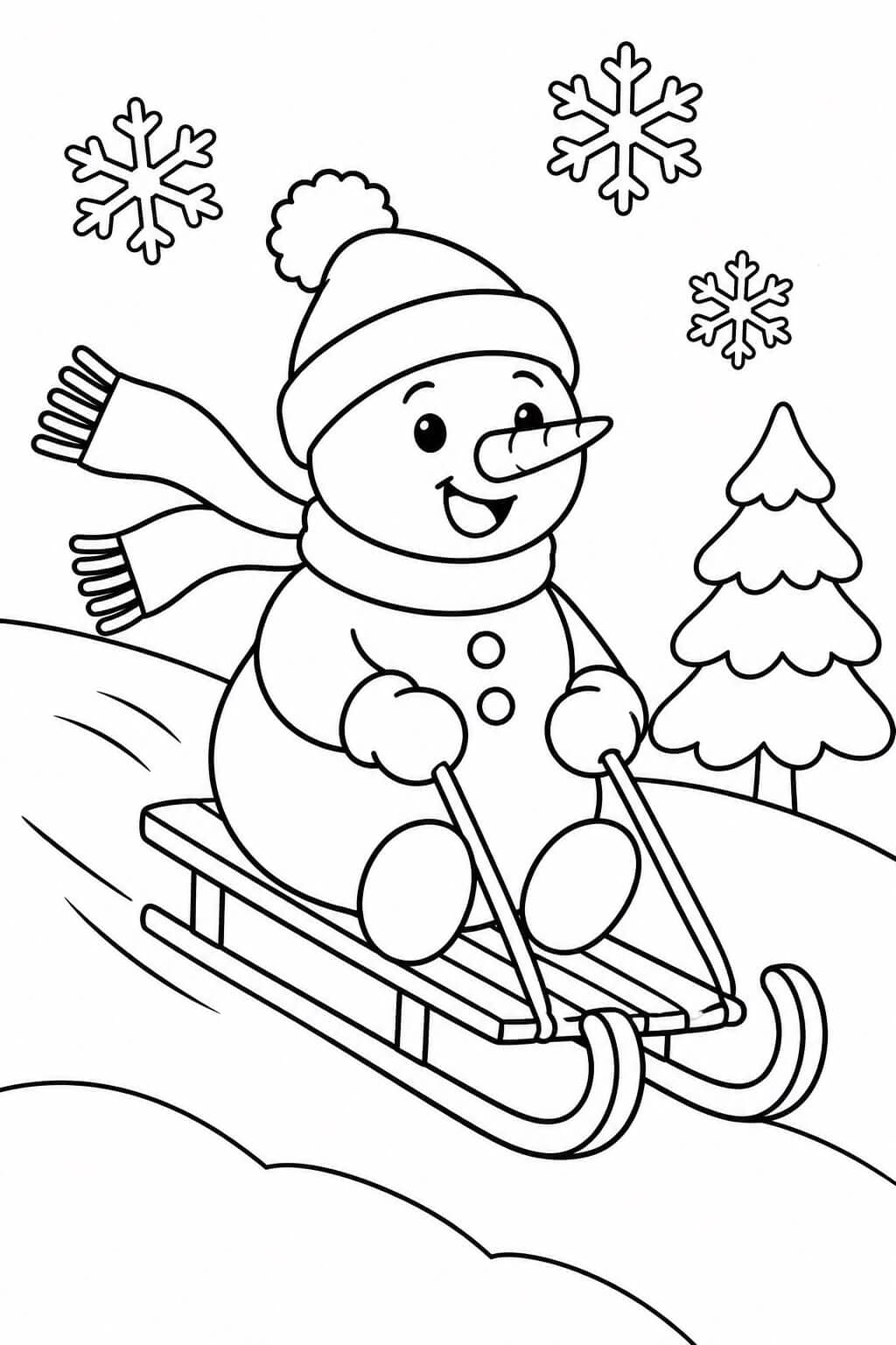 Boneco de neve andando de trenó para colorir