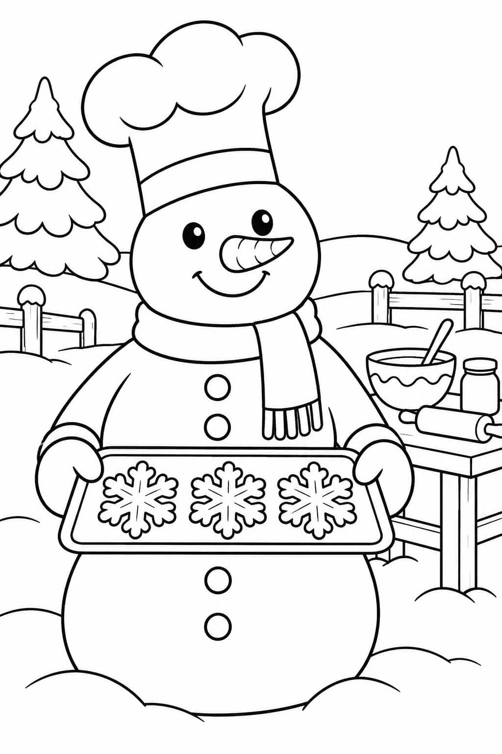 Boneco de neve assando biscoitos para colorir