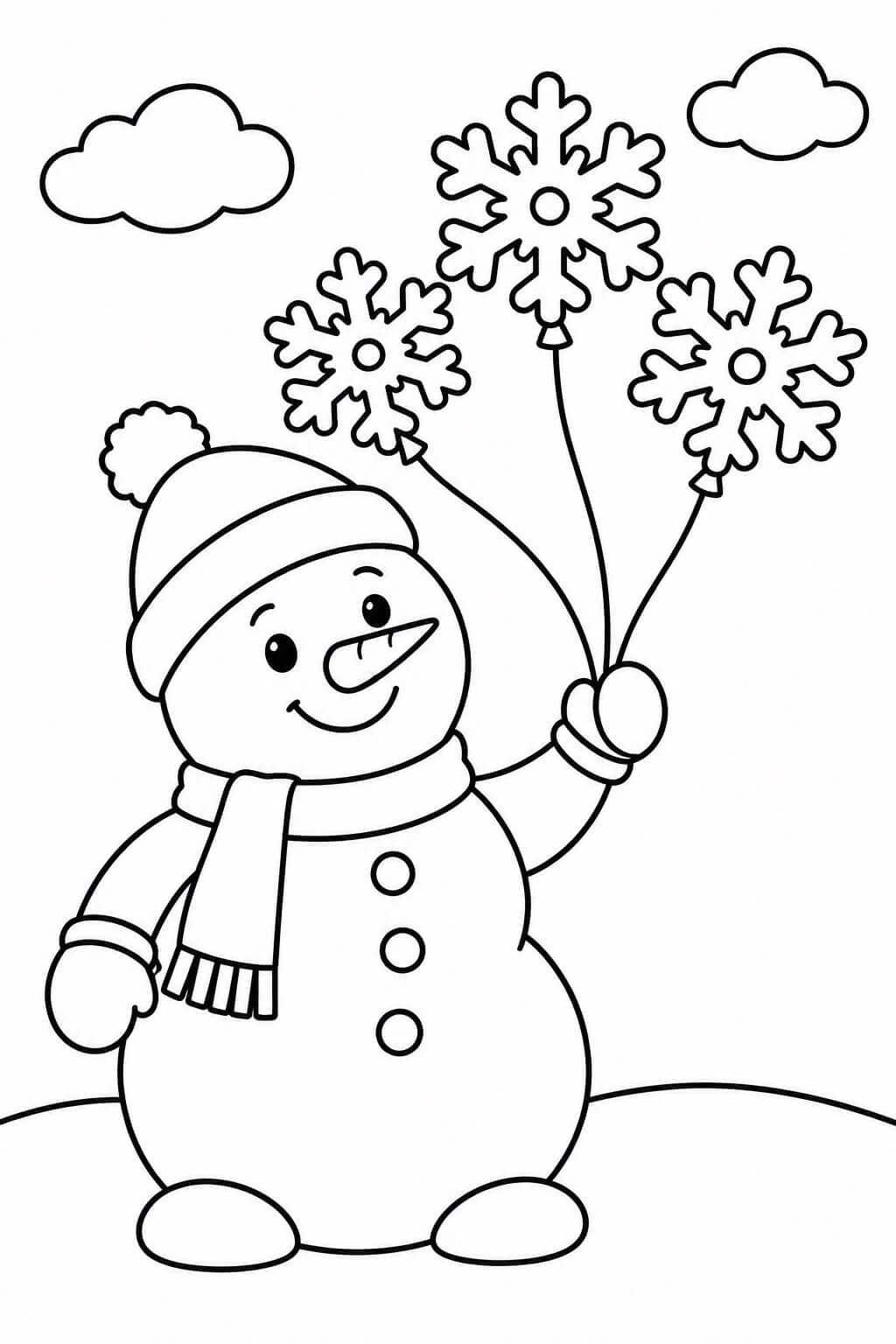 Boneco de neve com balões de flocos de neve para colorir