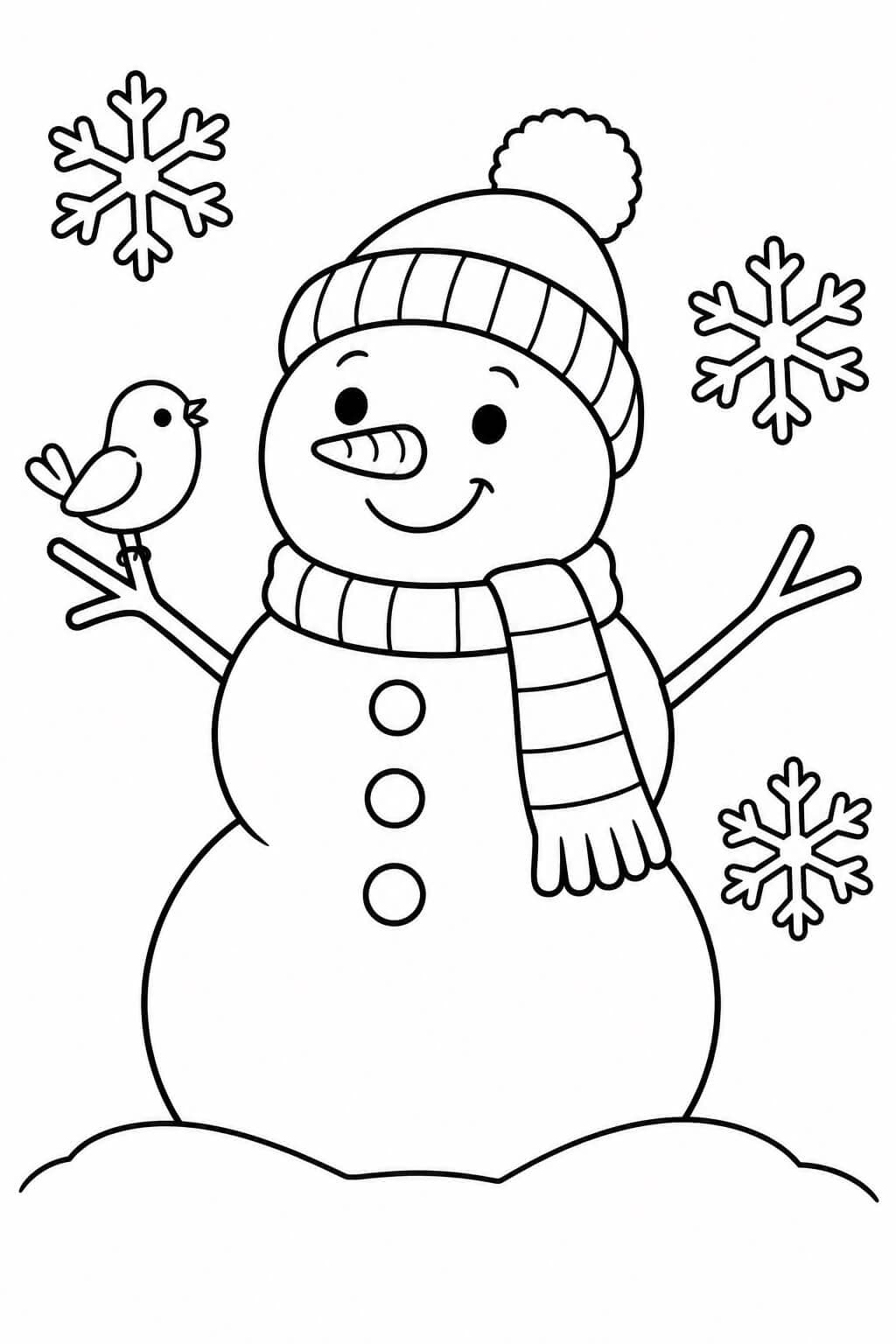 Boneco de neve com pássaro para colorir