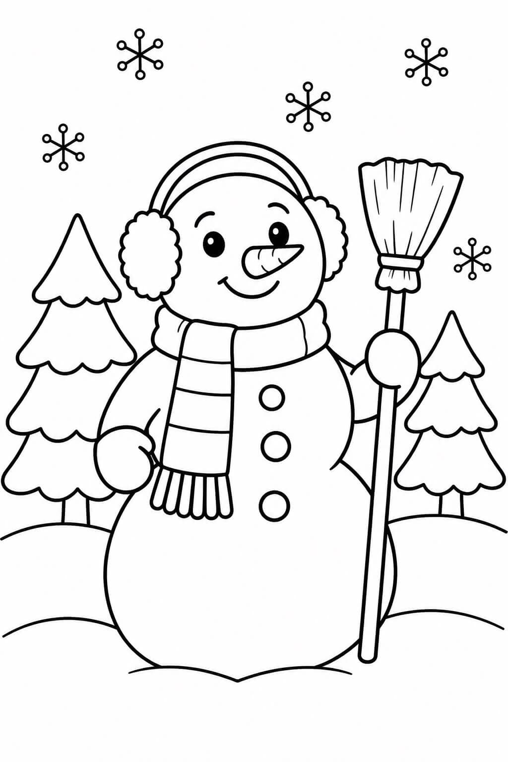 Boneco de neve com vassoura para colorir