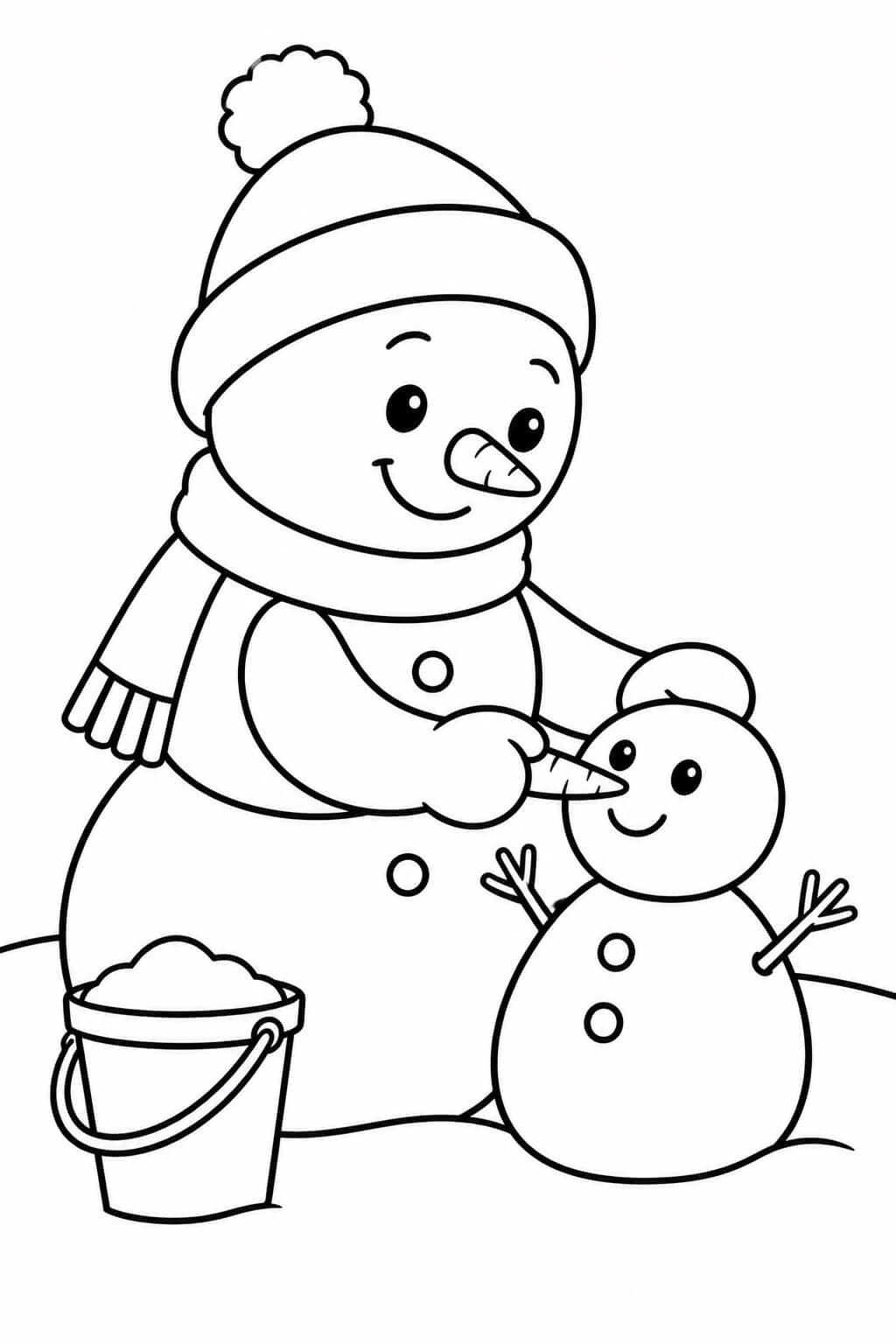 Boneco de neve construindo um boneco de neve pequeno para colorir