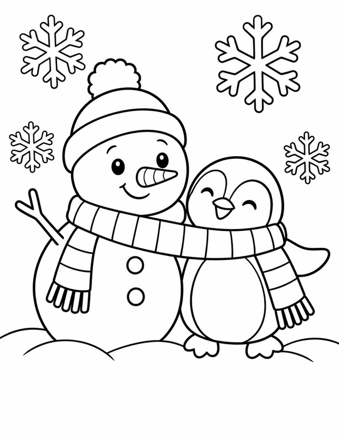 Boneco de neve e pinguim para colorir