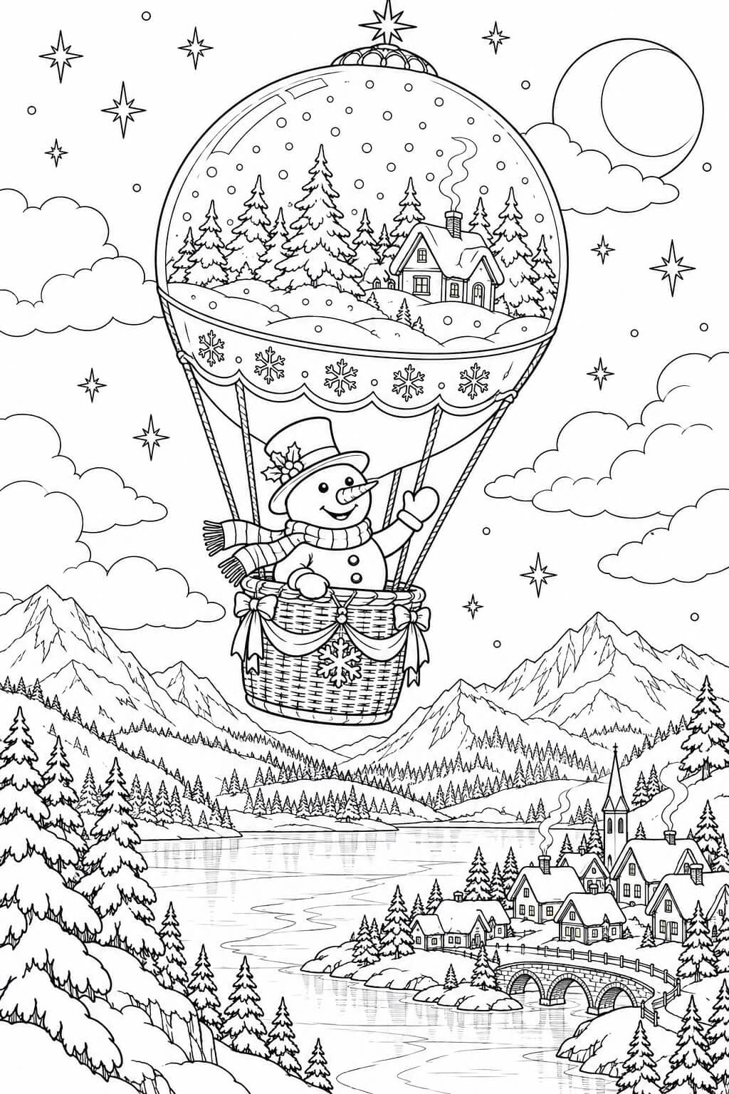 Boneco de neve em balão globo de neve para colorir