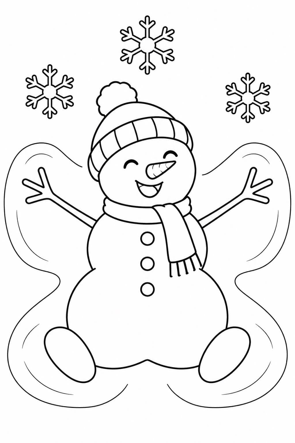 Boneco de neve fazendo anjo na neve para colorir
