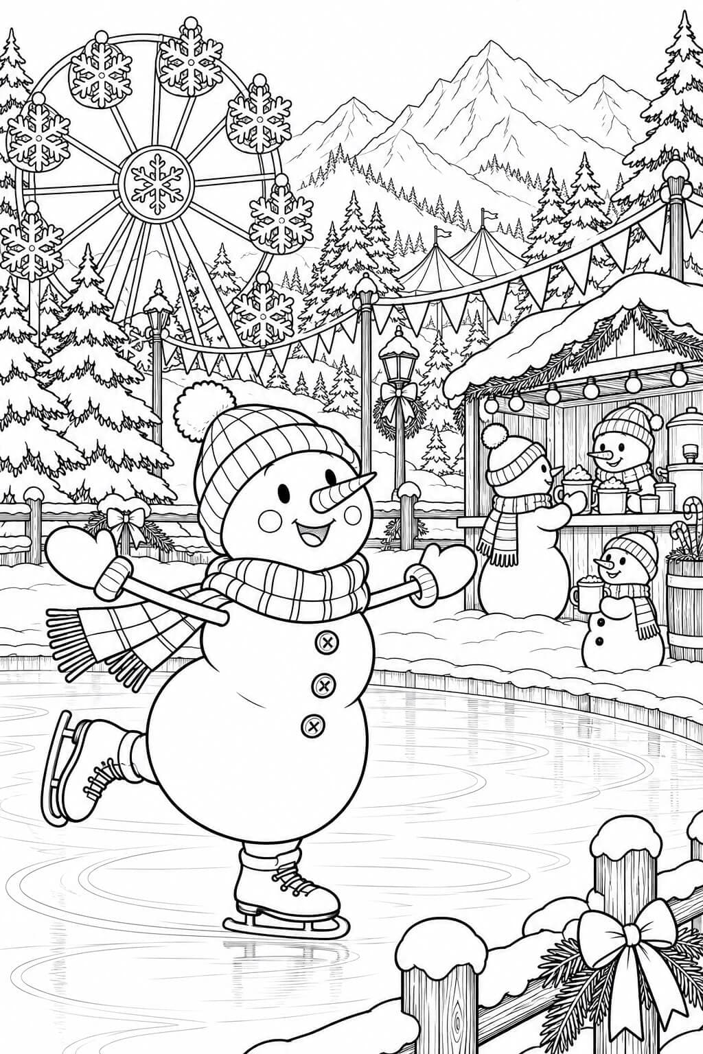 Boneco de neve na festa de inverno para colorir