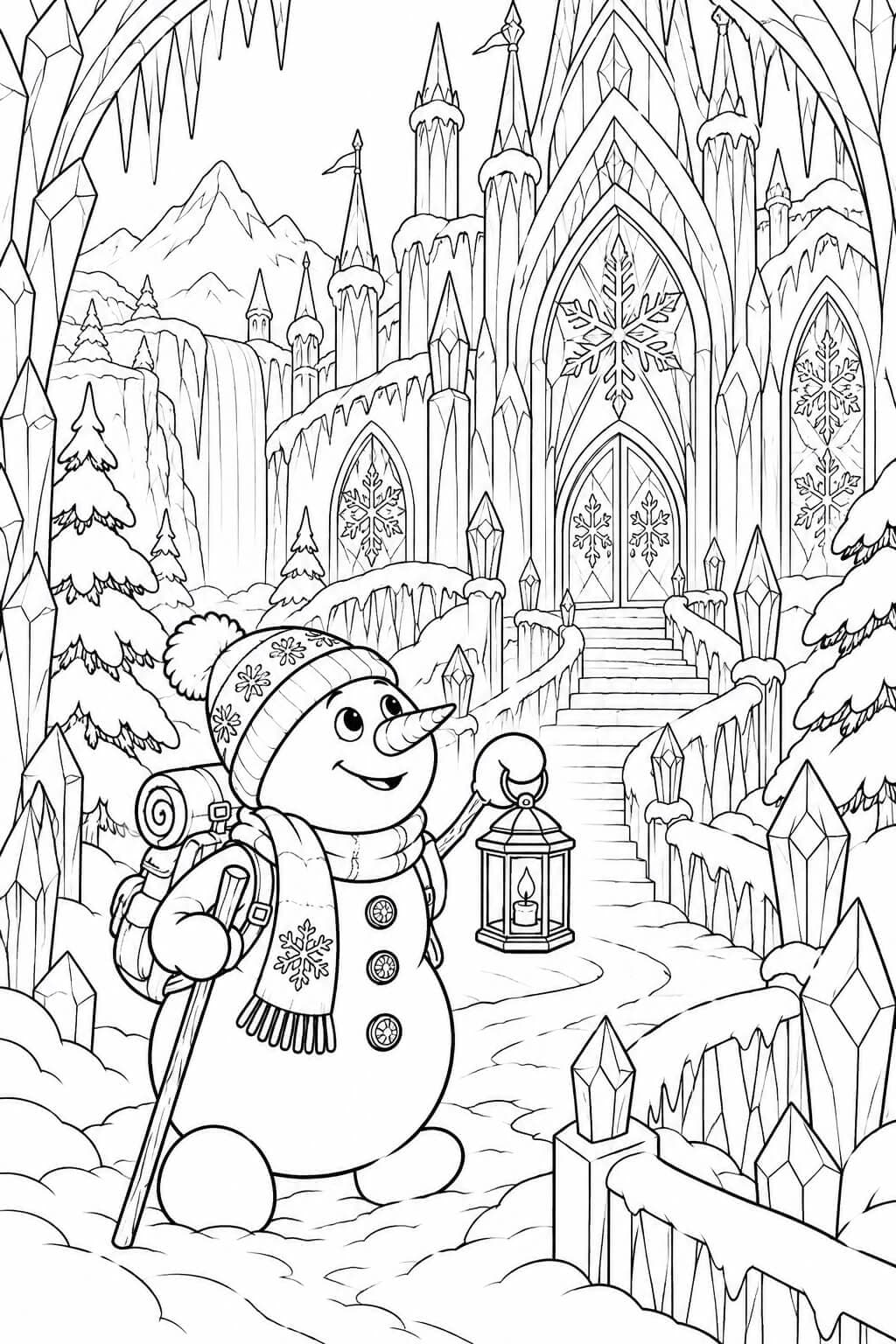 Boneco de neve no castelo de gelo para colorir