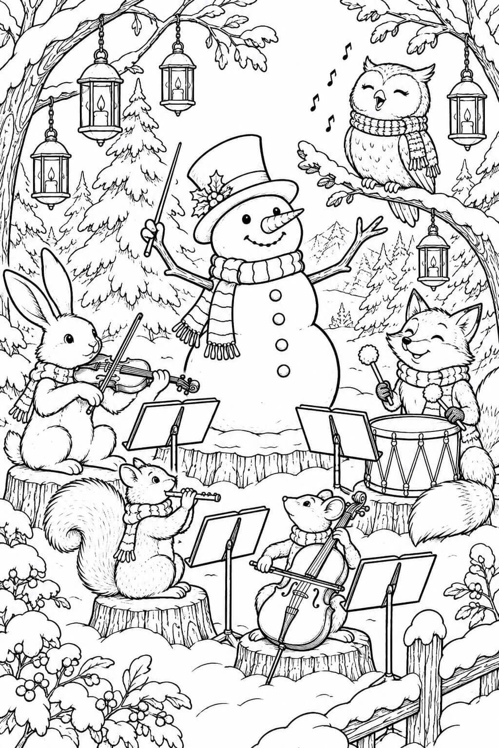 Boneco de neve regendo orquestra da floresta para colorir
