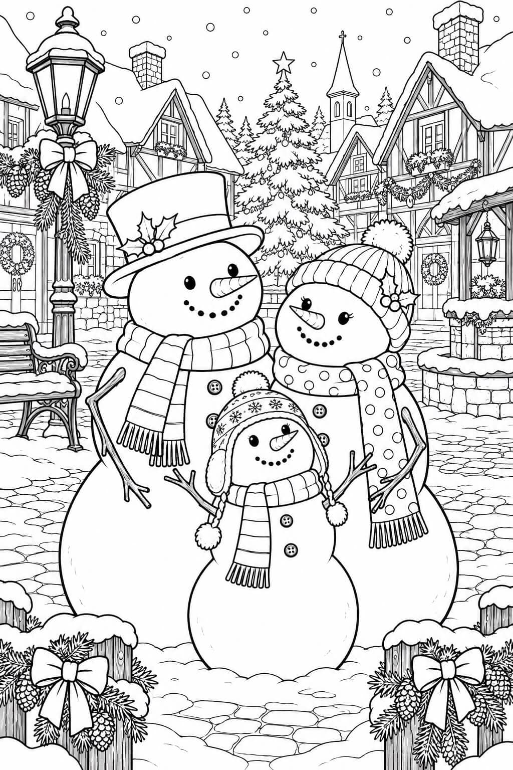 Família de bonecos de neve na vila de inverno para colorir