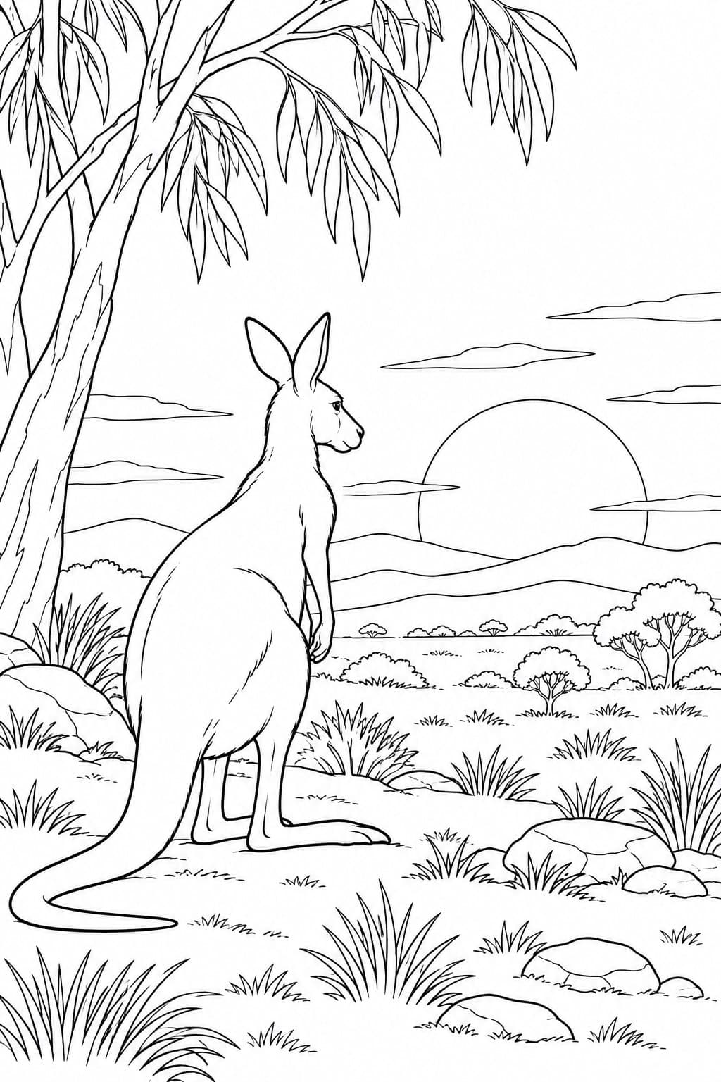 Canguru ao pôr do sol para colorir