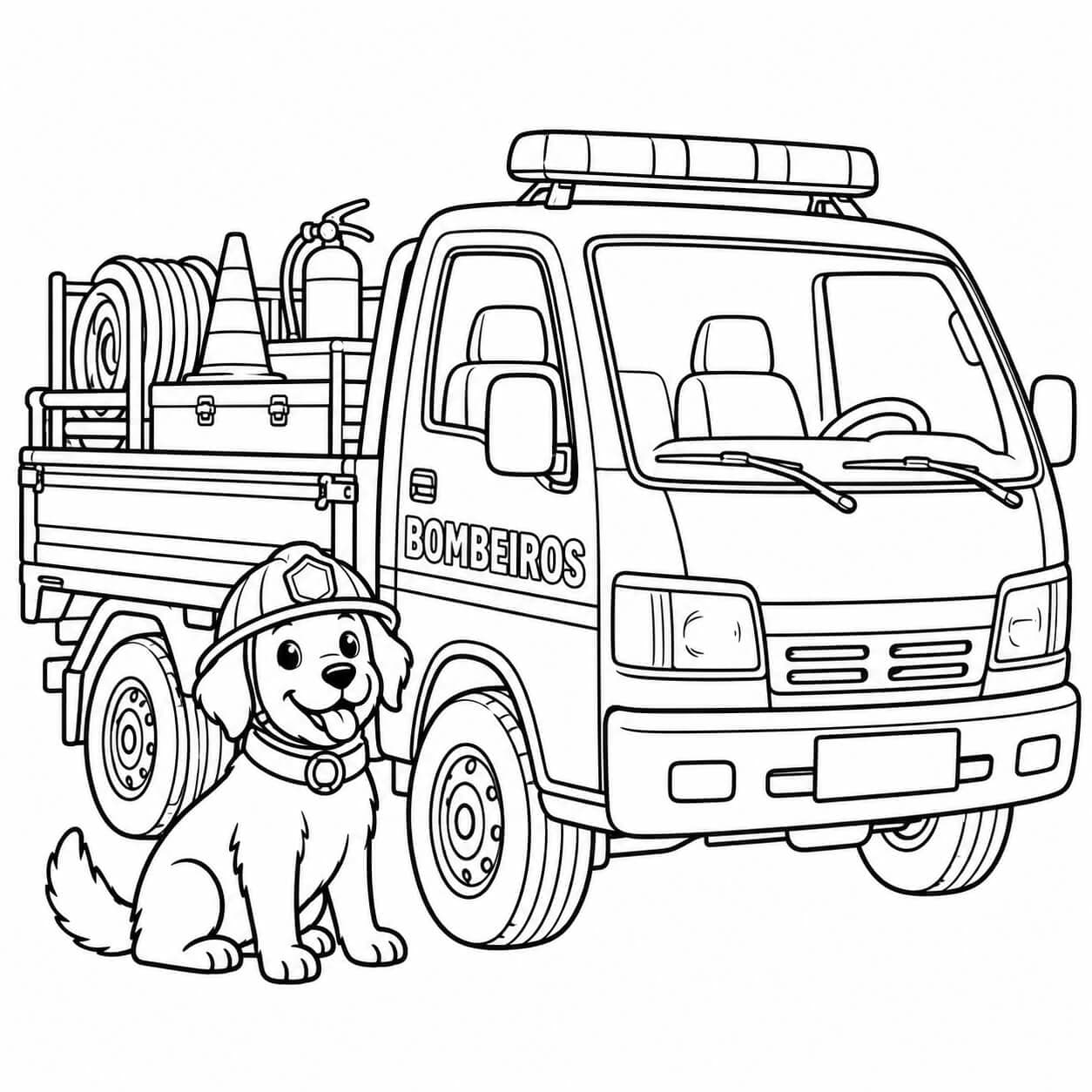 Carro de bombeiro com cachorrinho para colorir