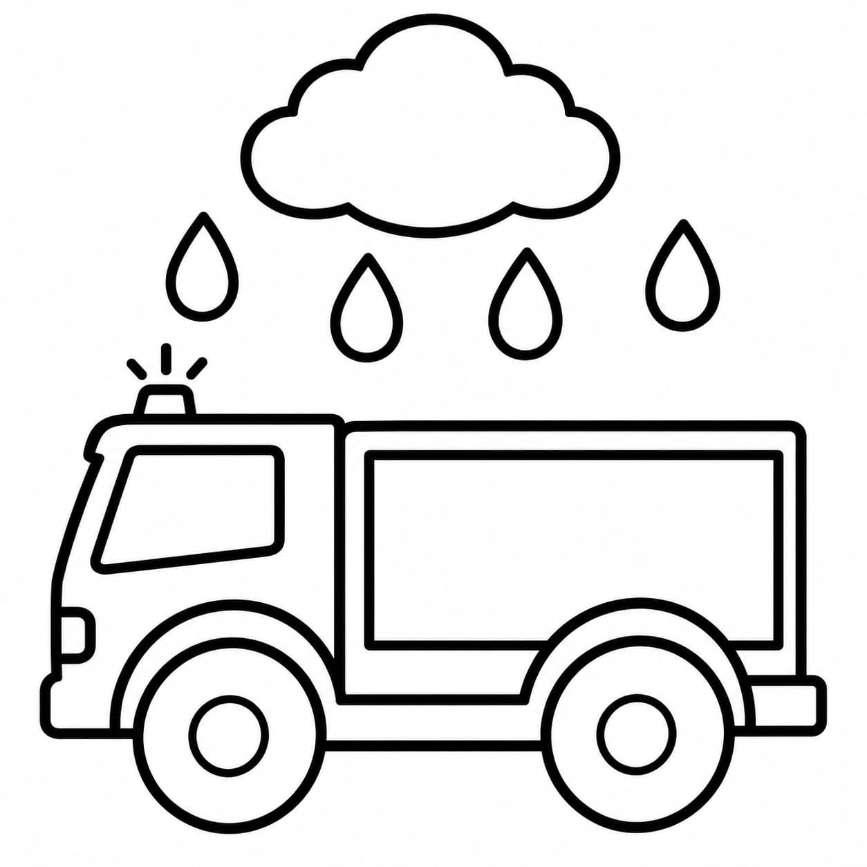 Carro de bombeiro infantil na chuva para colorir