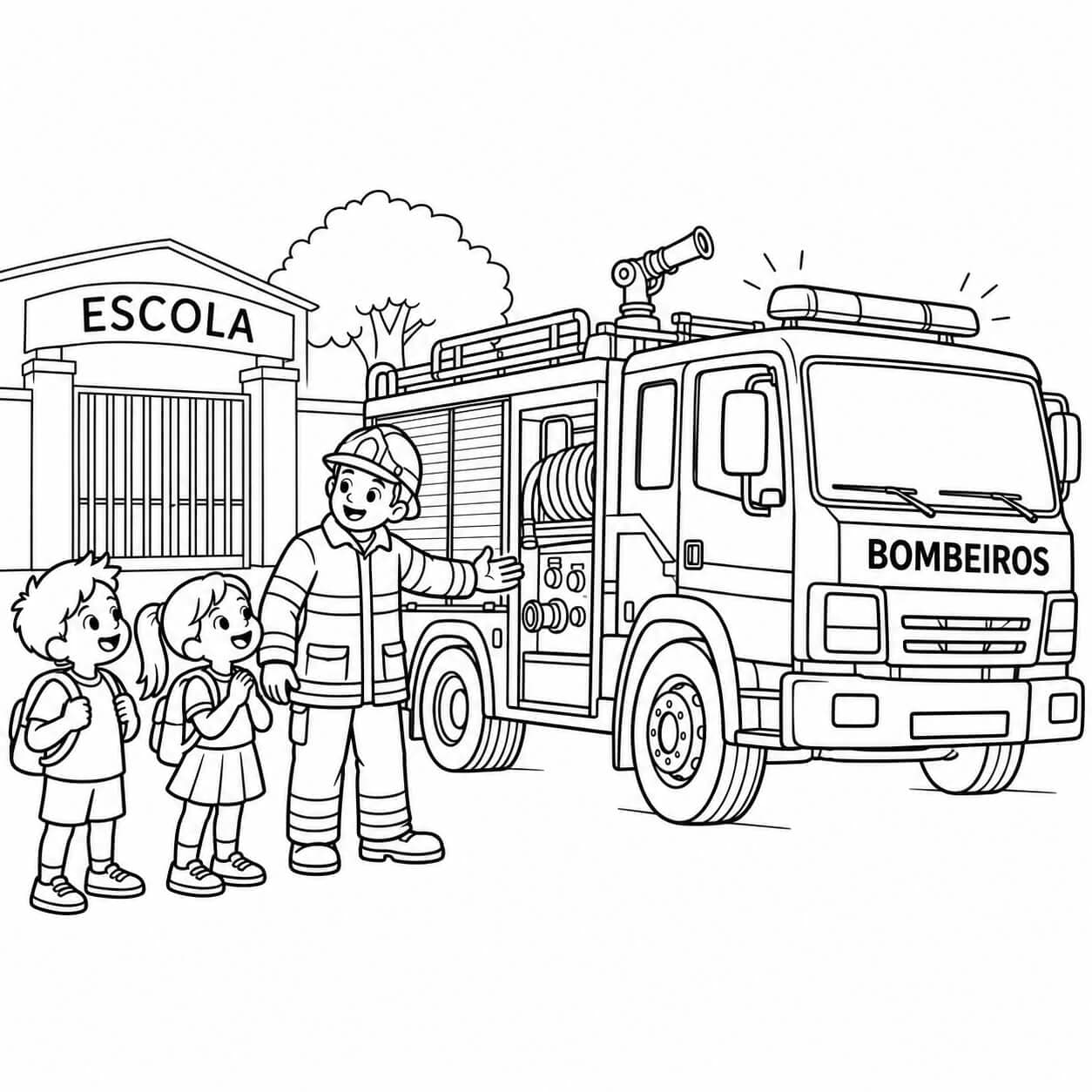 Carro de bombeiro na escola para colorir