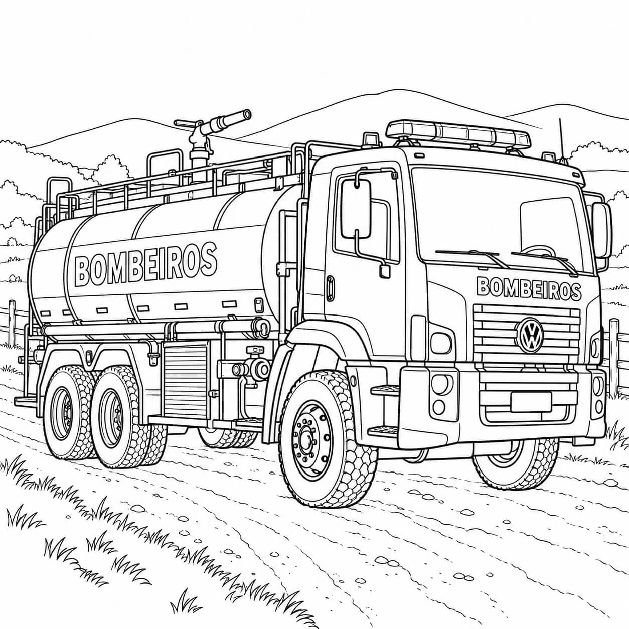 Carro de bombeiro na estrada rural para colorir
