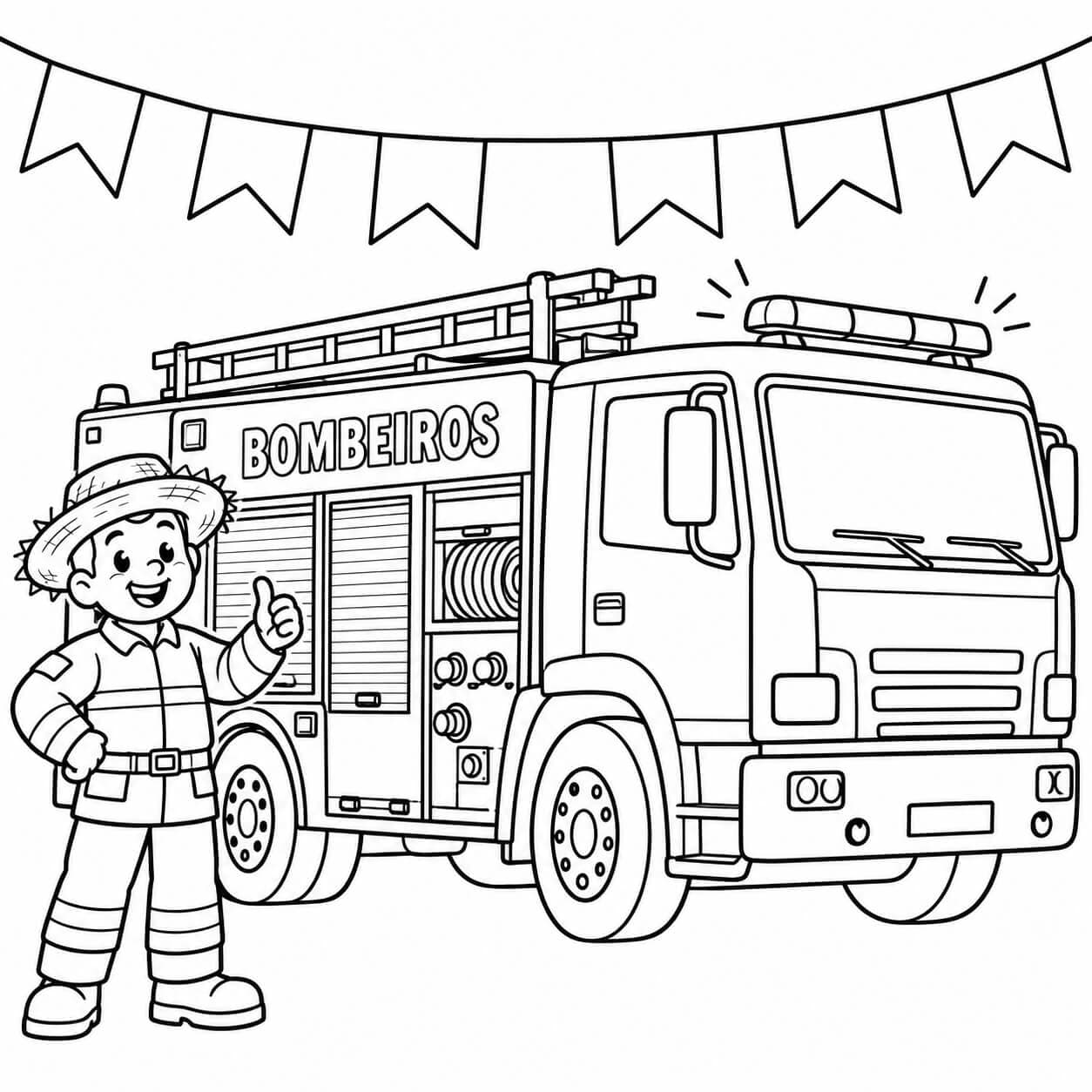 Carro de bombeiro na festa junina para colorir