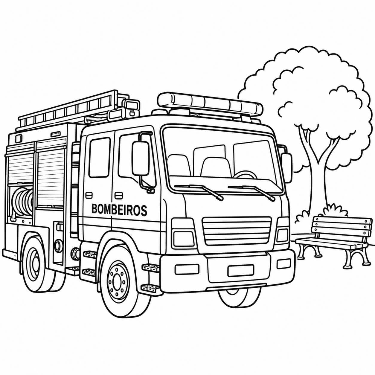 Carro de bombeiro na praça para colorir