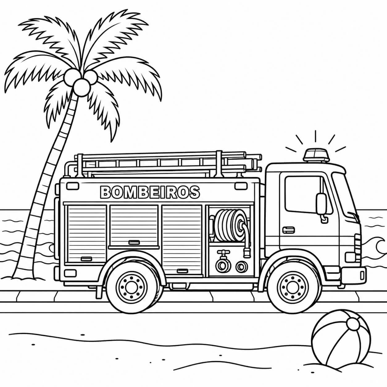 Carro de bombeiro na praia para colorir