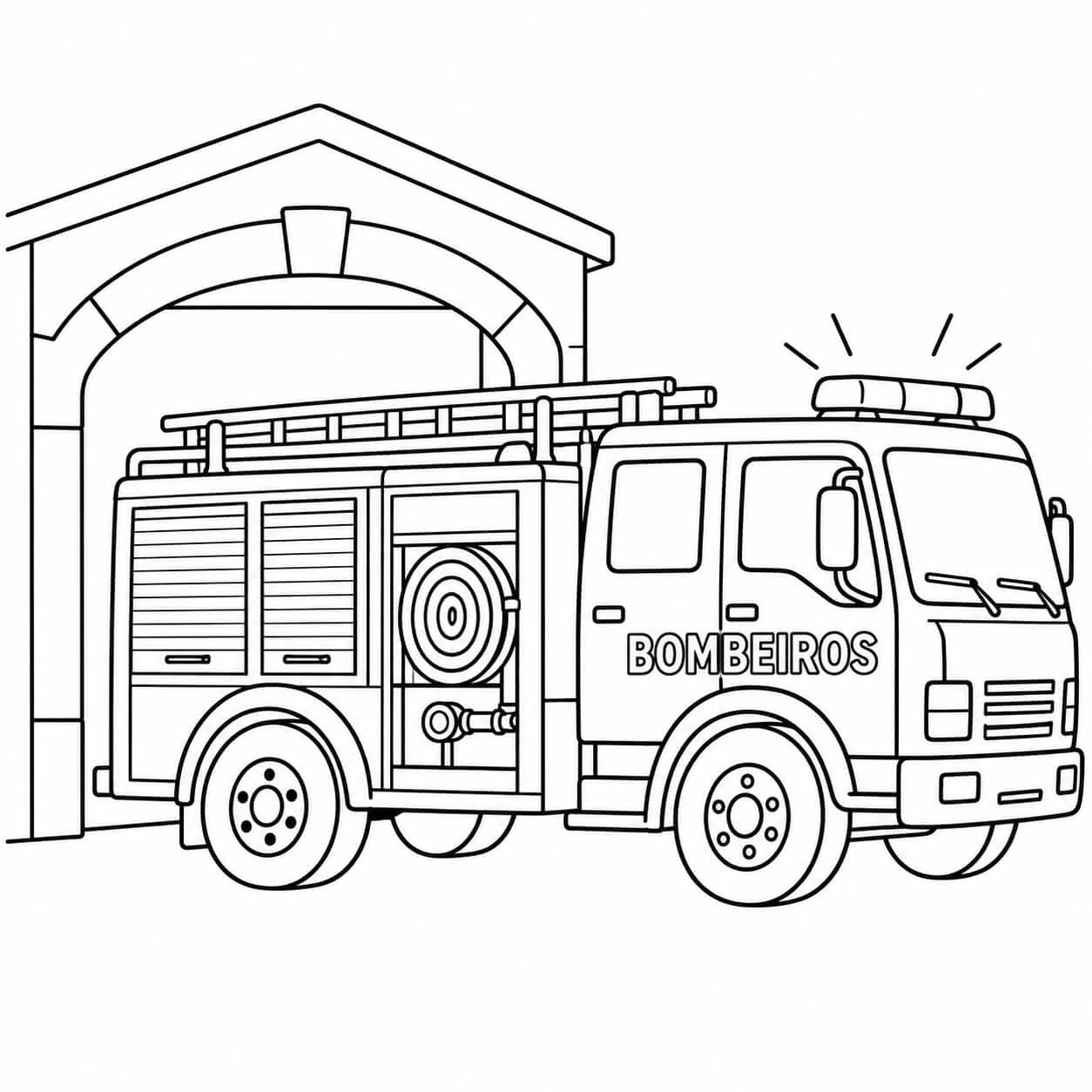 Carro de bombeiro no quartel para colorir