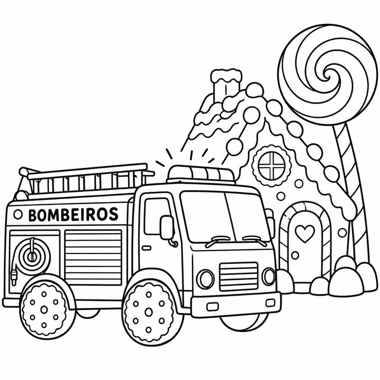 Carro de bombeiro no reino dos doces para colorir