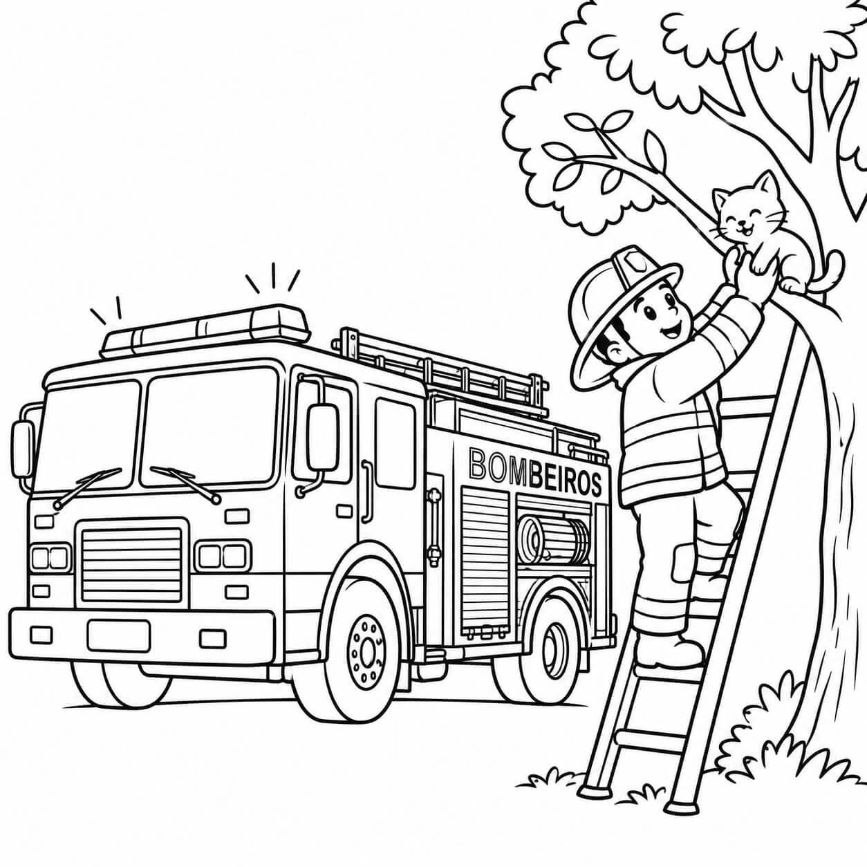 Carro de bombeiro resgatando gatinho para colorir