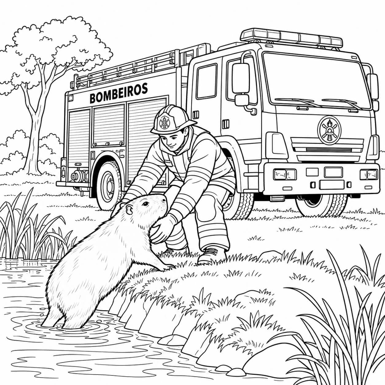Carro de bombeiro salvando capivara para colorir