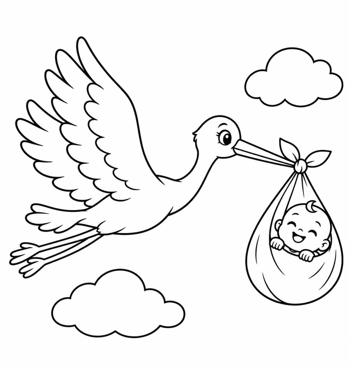 Cegonha com bebê para colorir