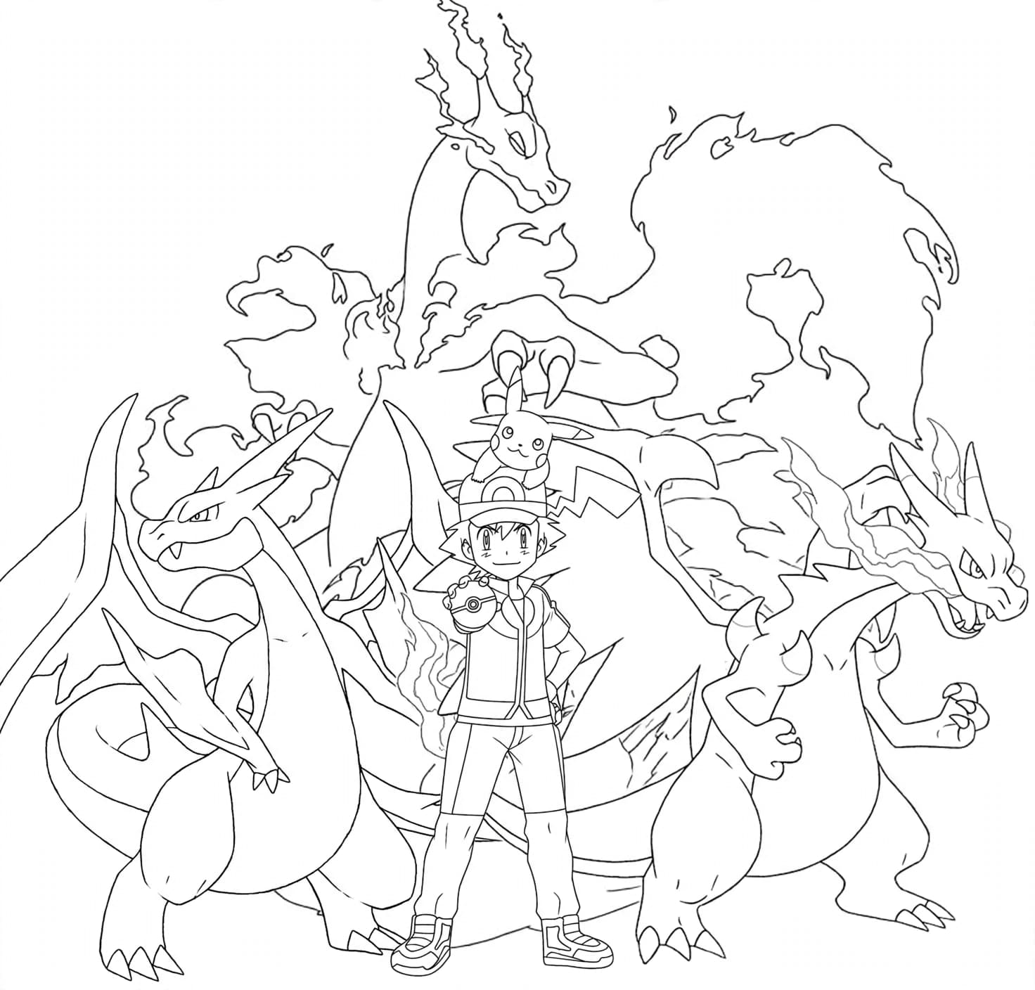 Ash com Charizards para colorir