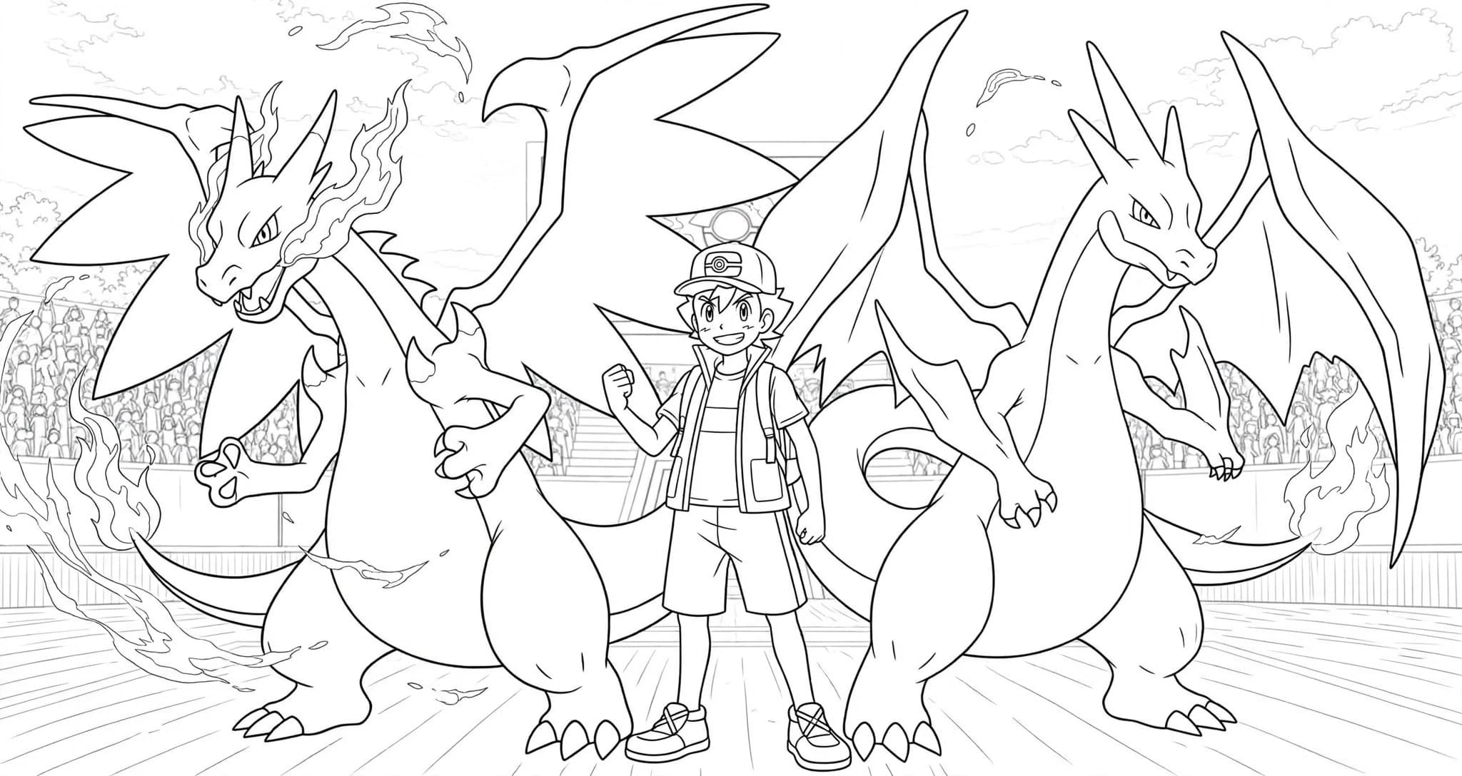Ash e Megas Charizard para colorir
