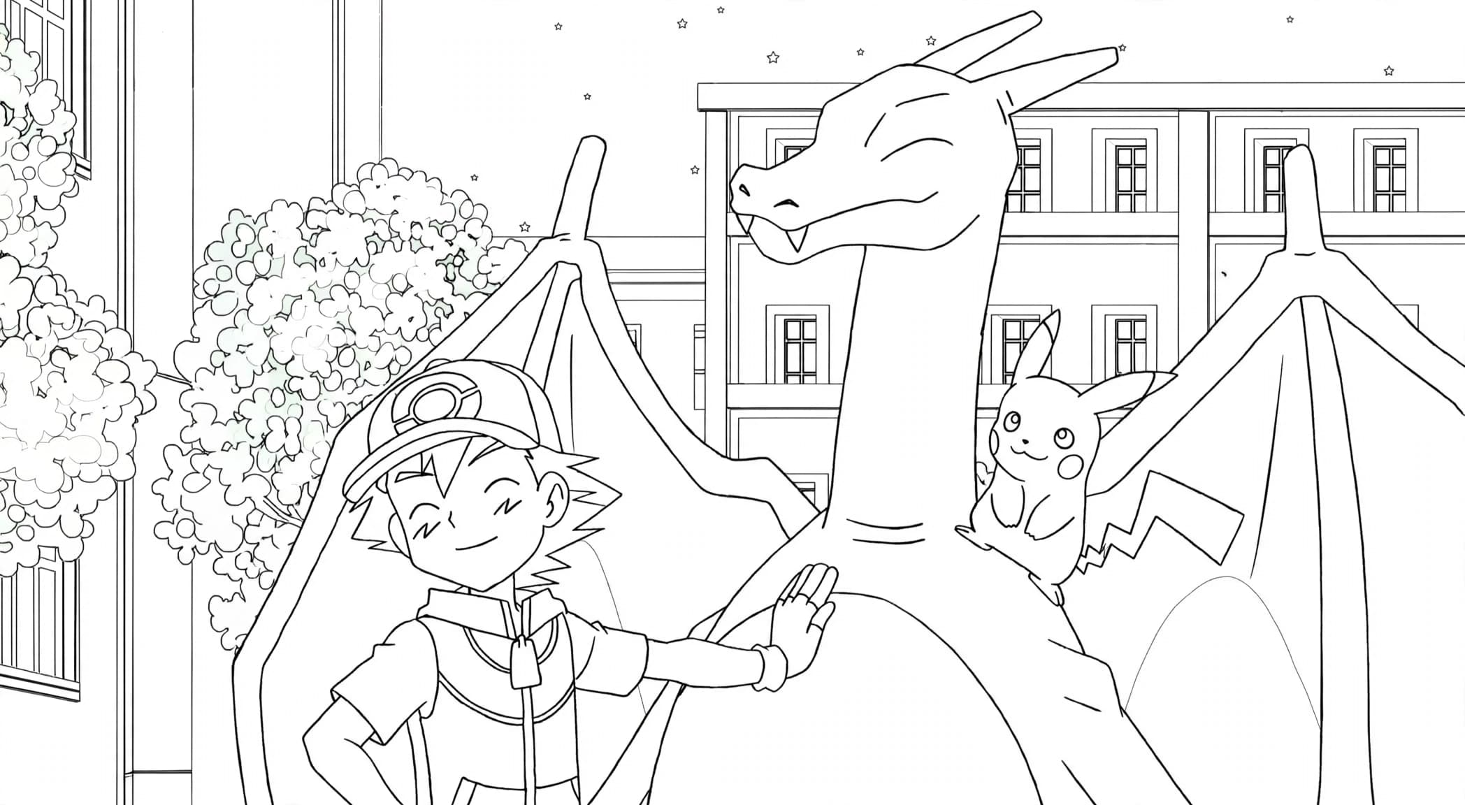 Charizard, Ash e Pikachu para colorir