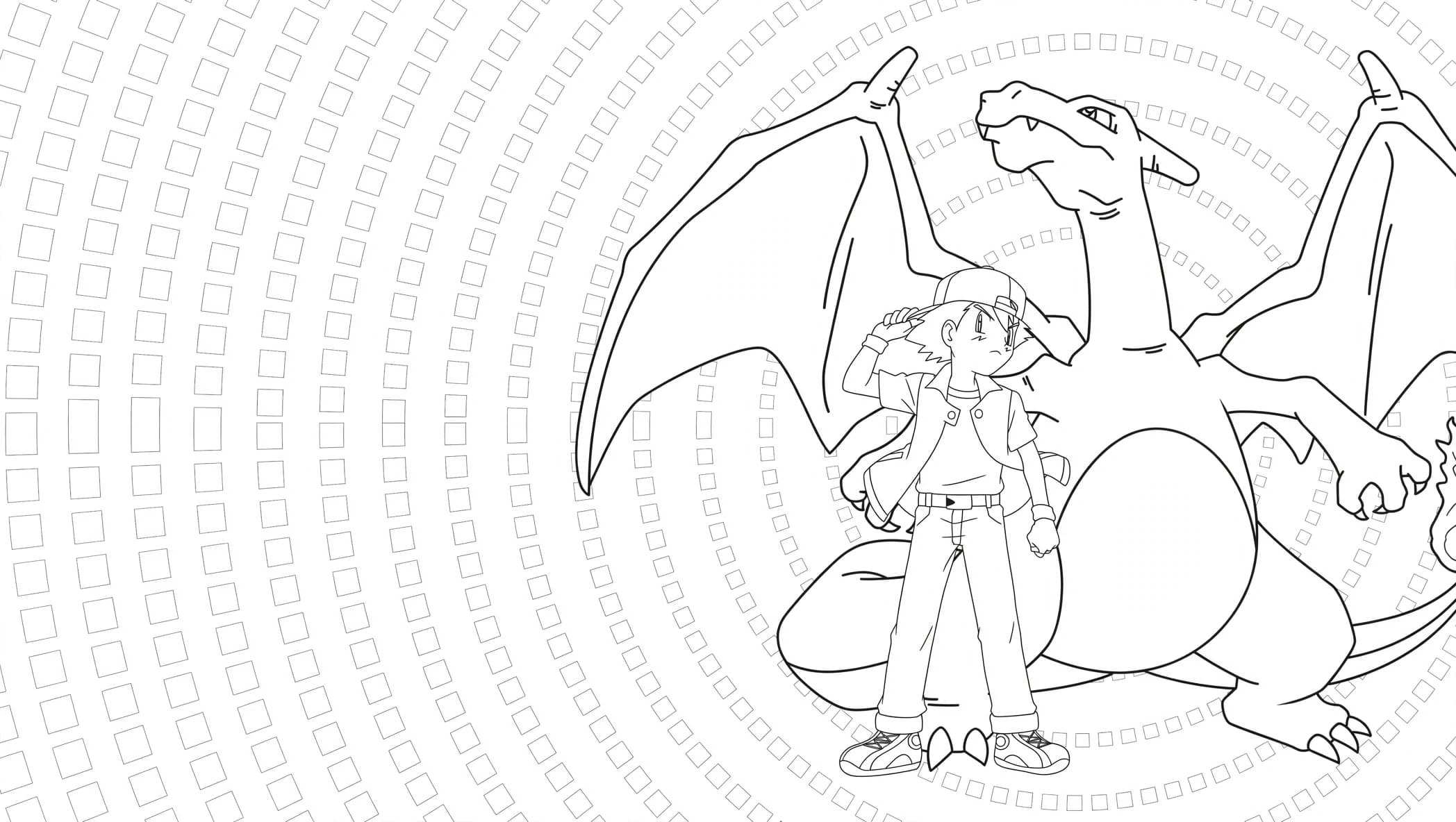 Charizard em ação com Ash para colorir