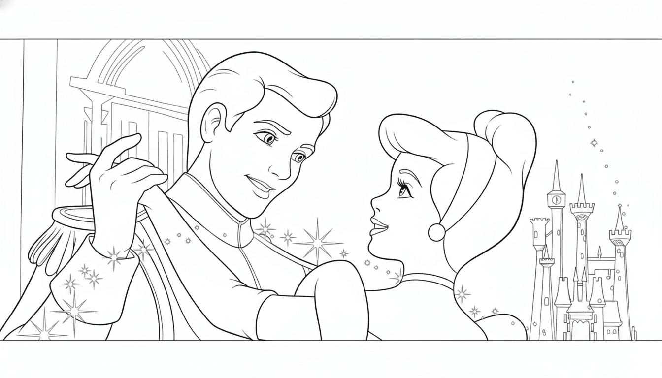 Cinderela e o príncipe dançando para colorir