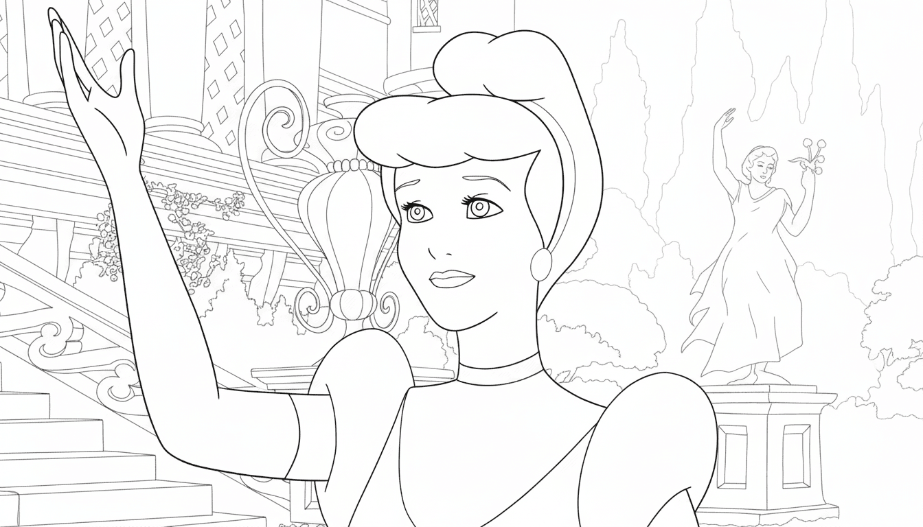 Cinderela em frente ao castelo para colorir