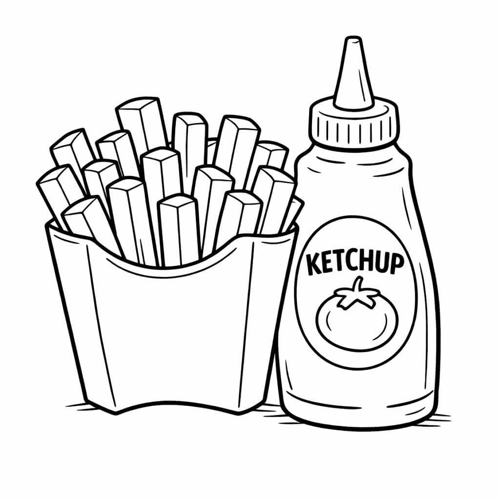 Porção de batata frita com ketchup para colorir