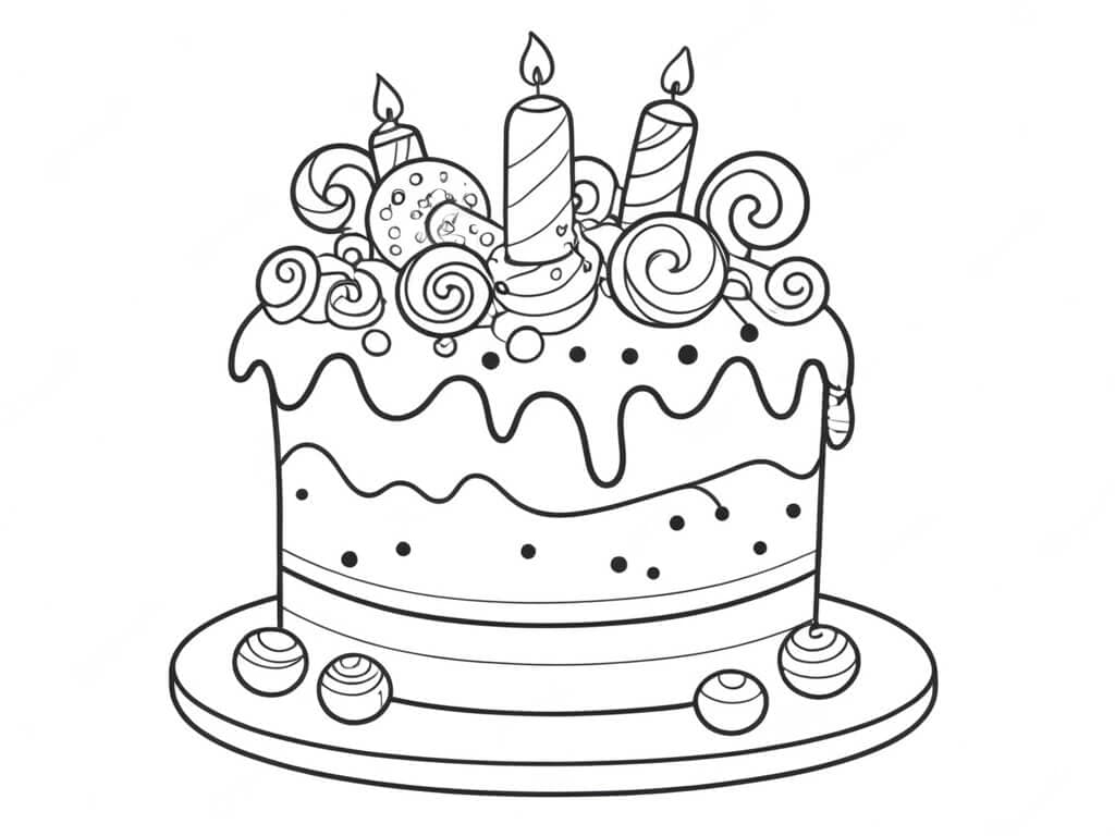Bolo de aniversário decorado com doces para colorir