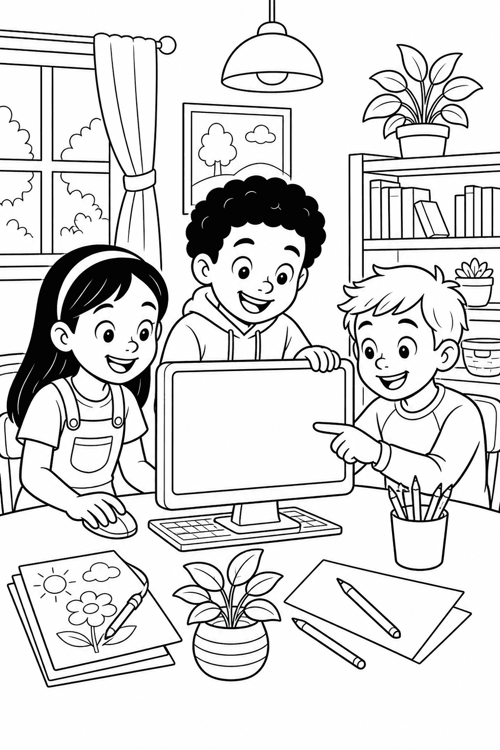 Amigos reunidos no computador para colorir