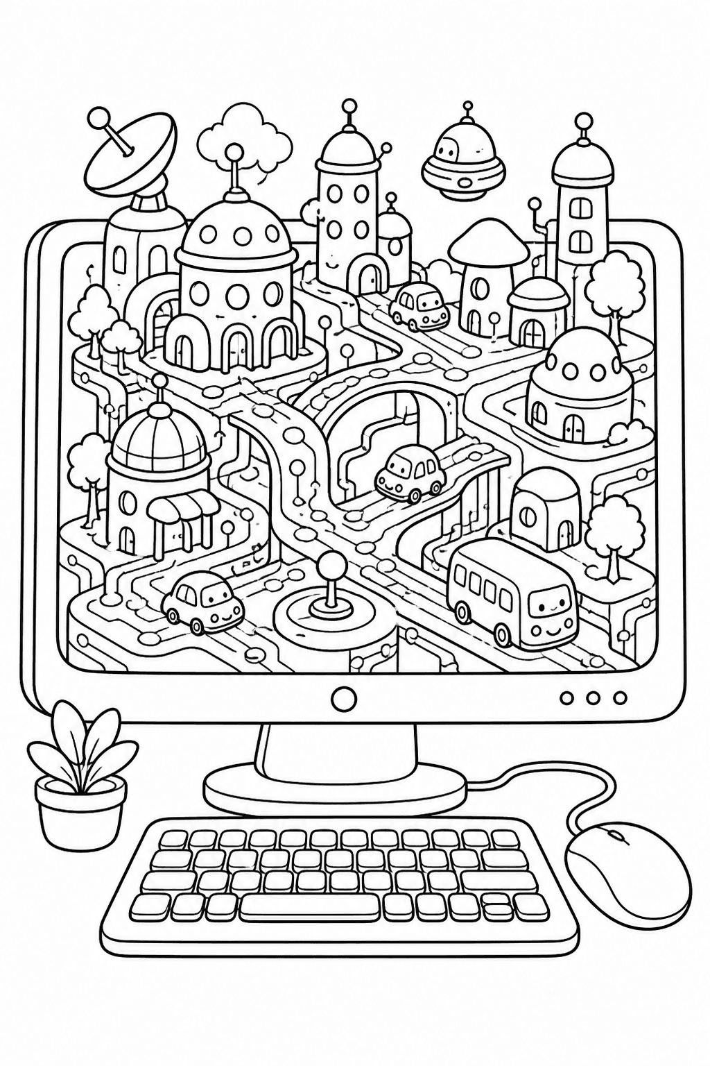 Cidade fantástica dentro de um computador para colorir