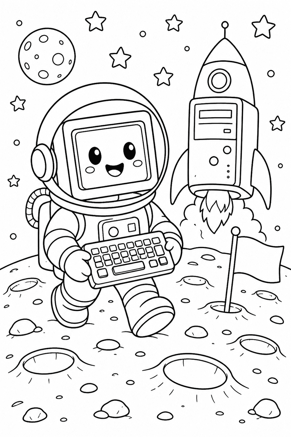 Computador astronauta explorando a Lua para colorir